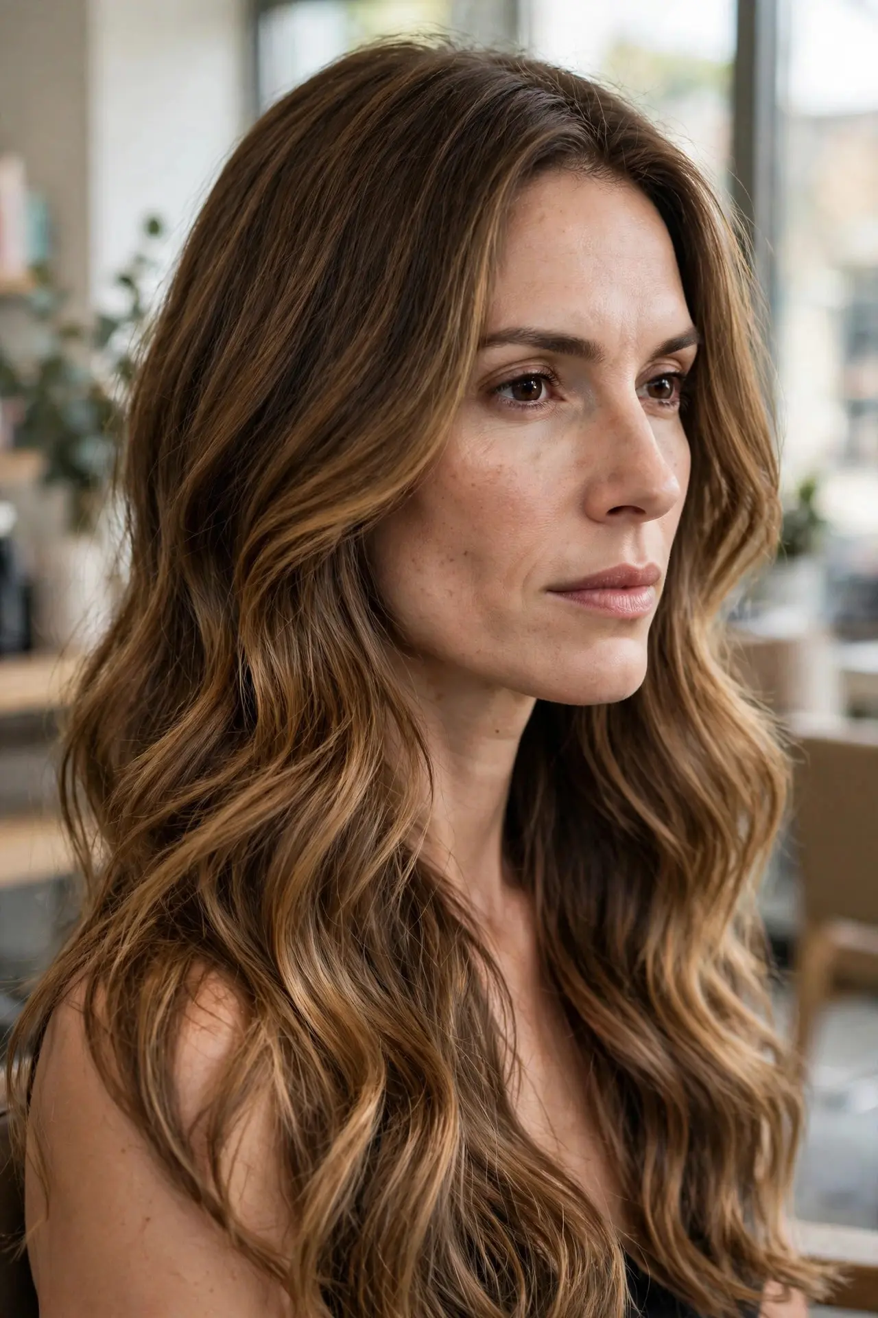 Woman with an angular face shape wearing long soft waves with gently blended honey brown balayage