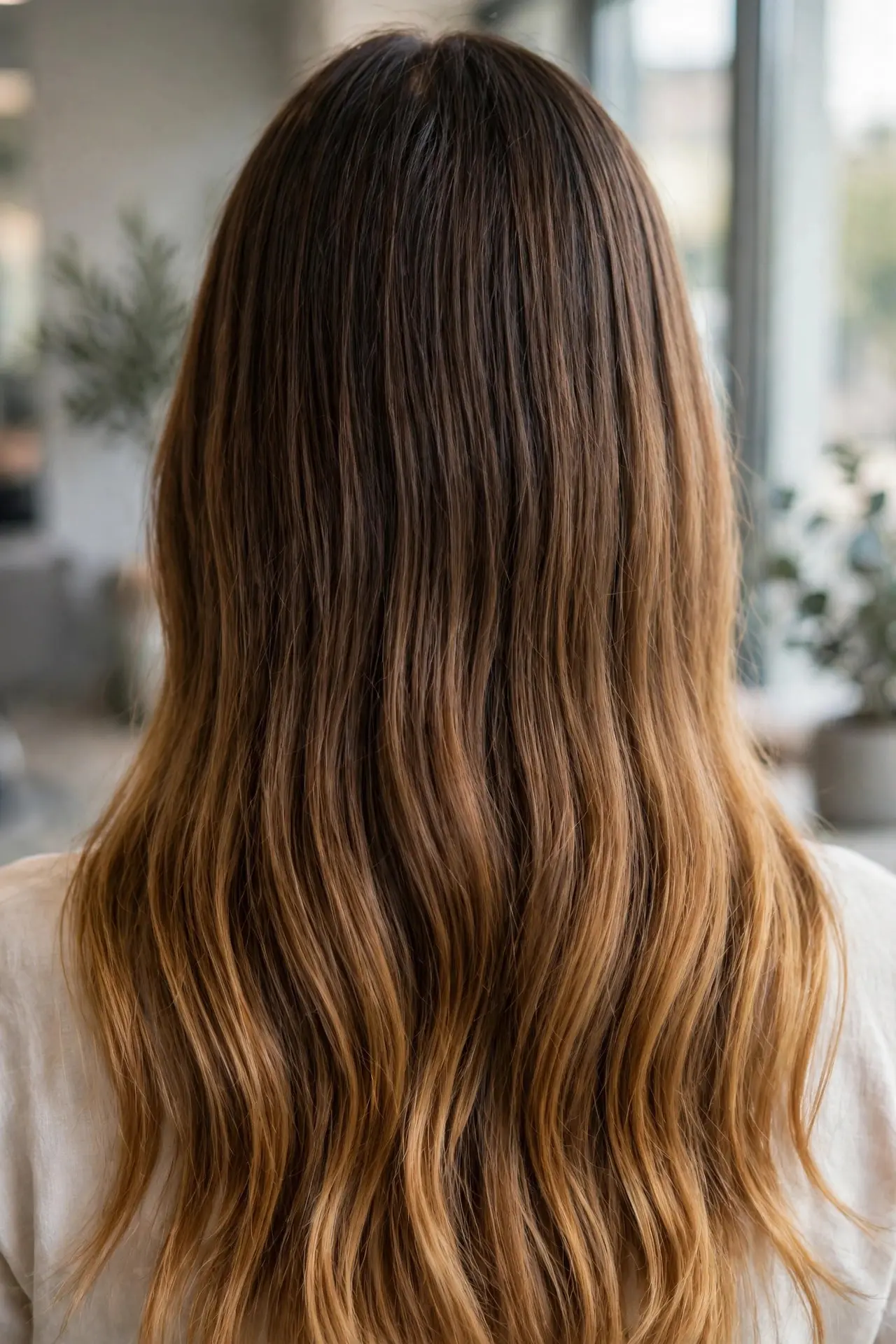 Back view of long hair with a subtle ombre transition from a darker root to brighter honey brown ends