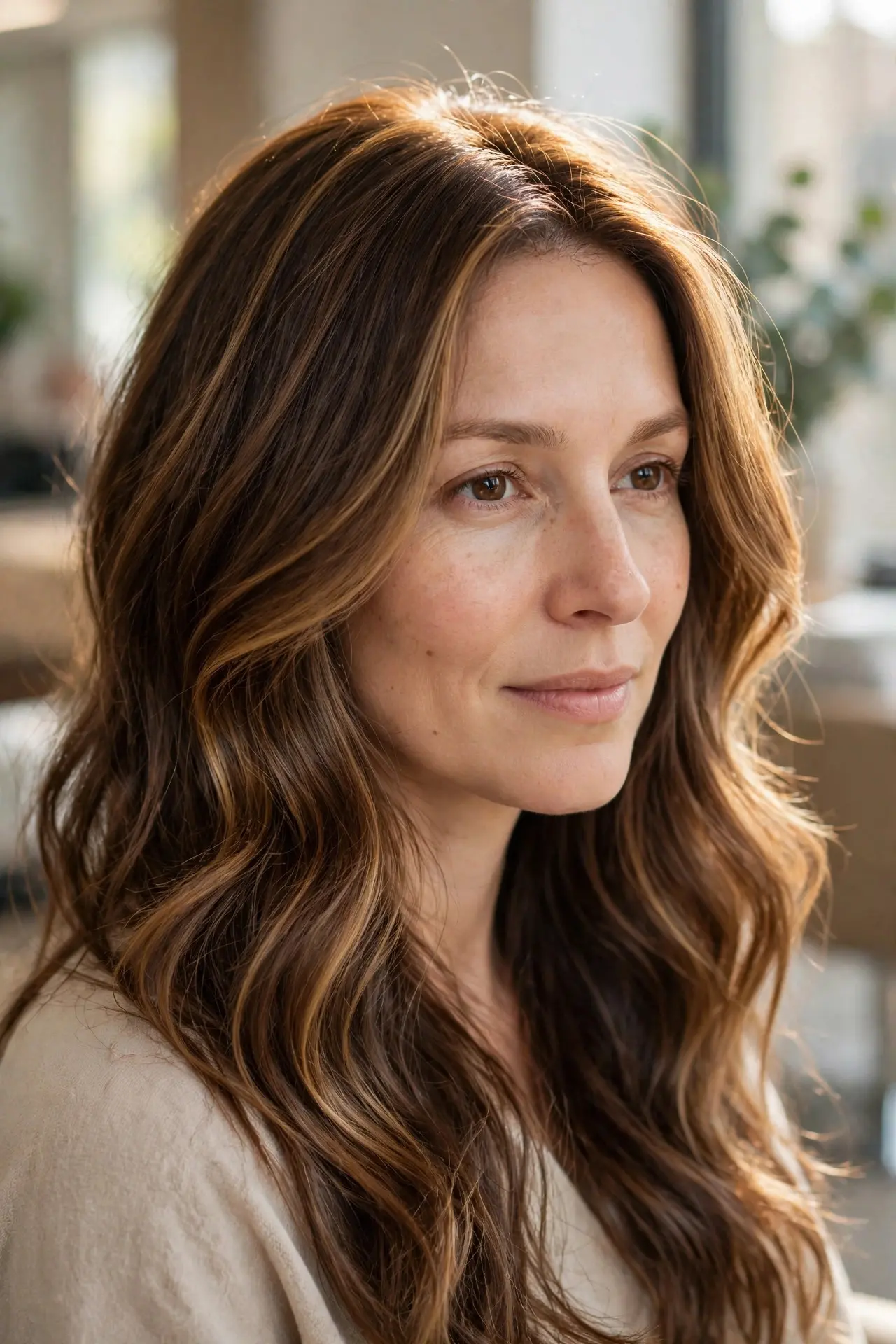 Woman with an oval face wearing long brown hair with a soft halo of honey brown balayage around the crown and face