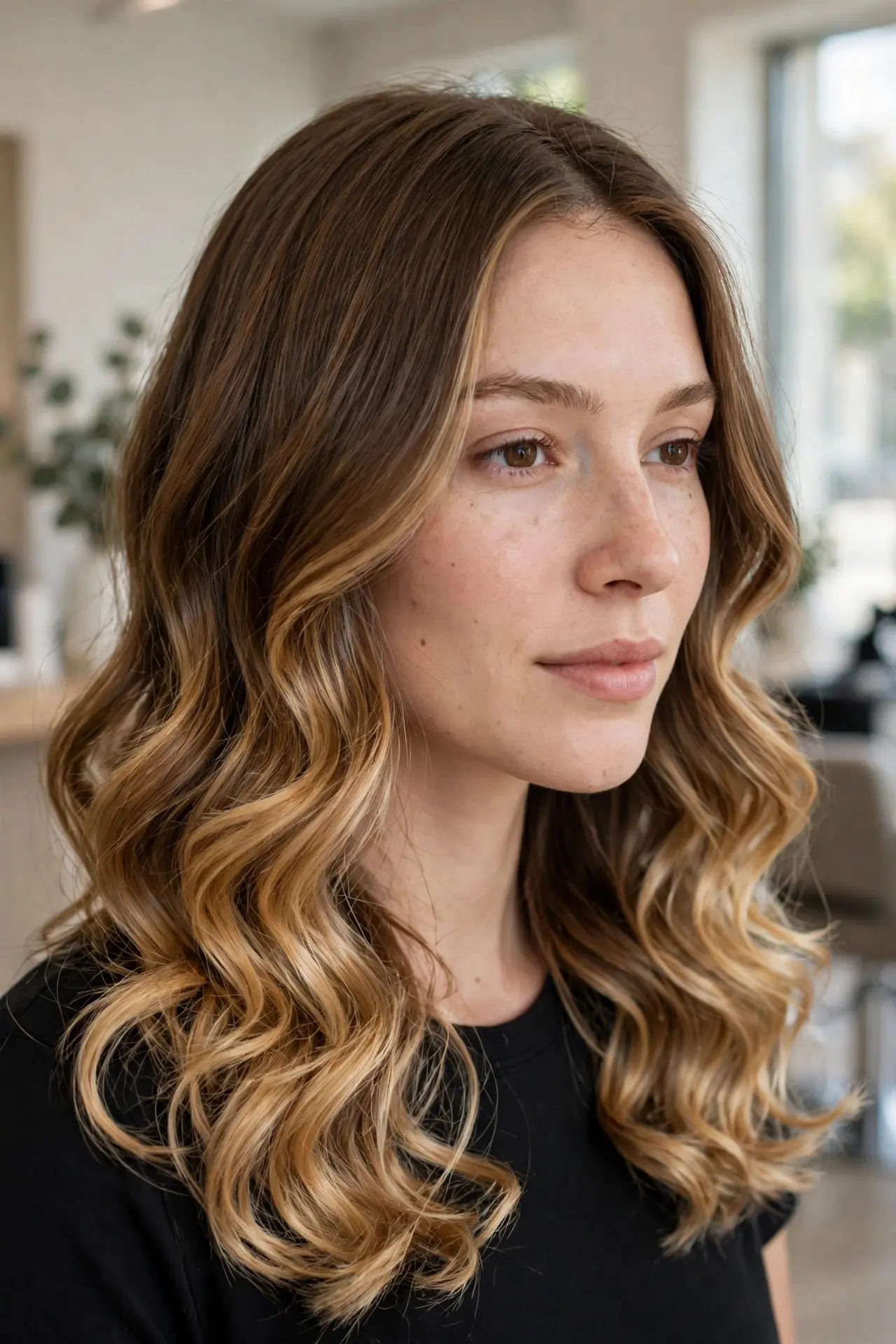 Woman with a heart-shaped face wearing shoulder-length hair with the brightest honey brown balayage from the chin down through soft curls