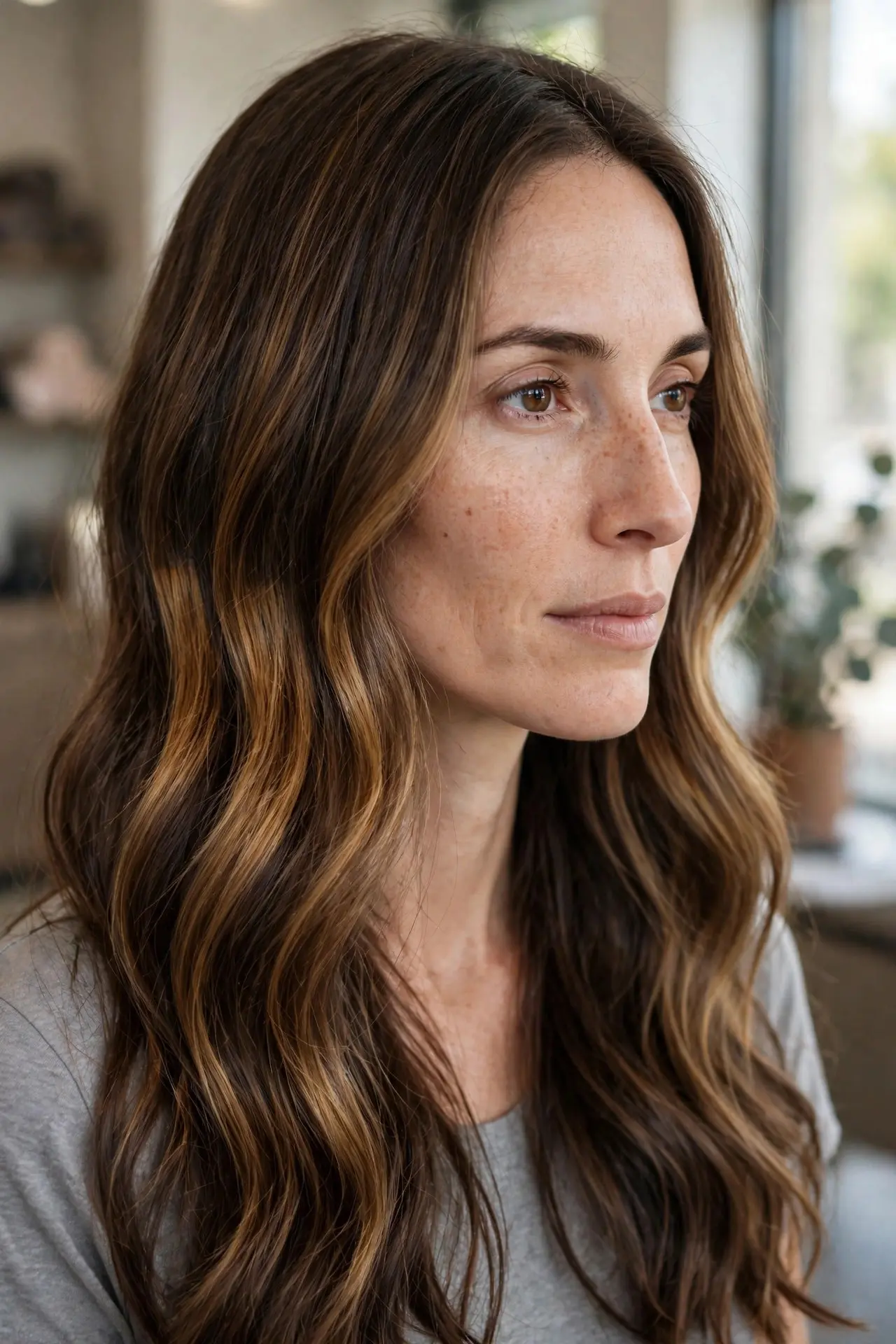Woman with a long face shape wearing long wavy hair with honey brown balayage concentrated through the mid-lengths