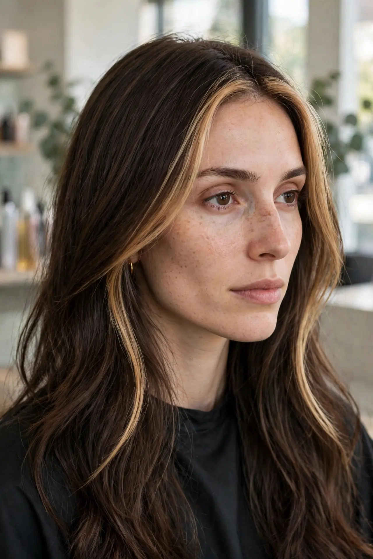 Woman with a diamond face shape and prominent cheekbones wearing long brown hair with a subtle honey brown money piece at the front hairline