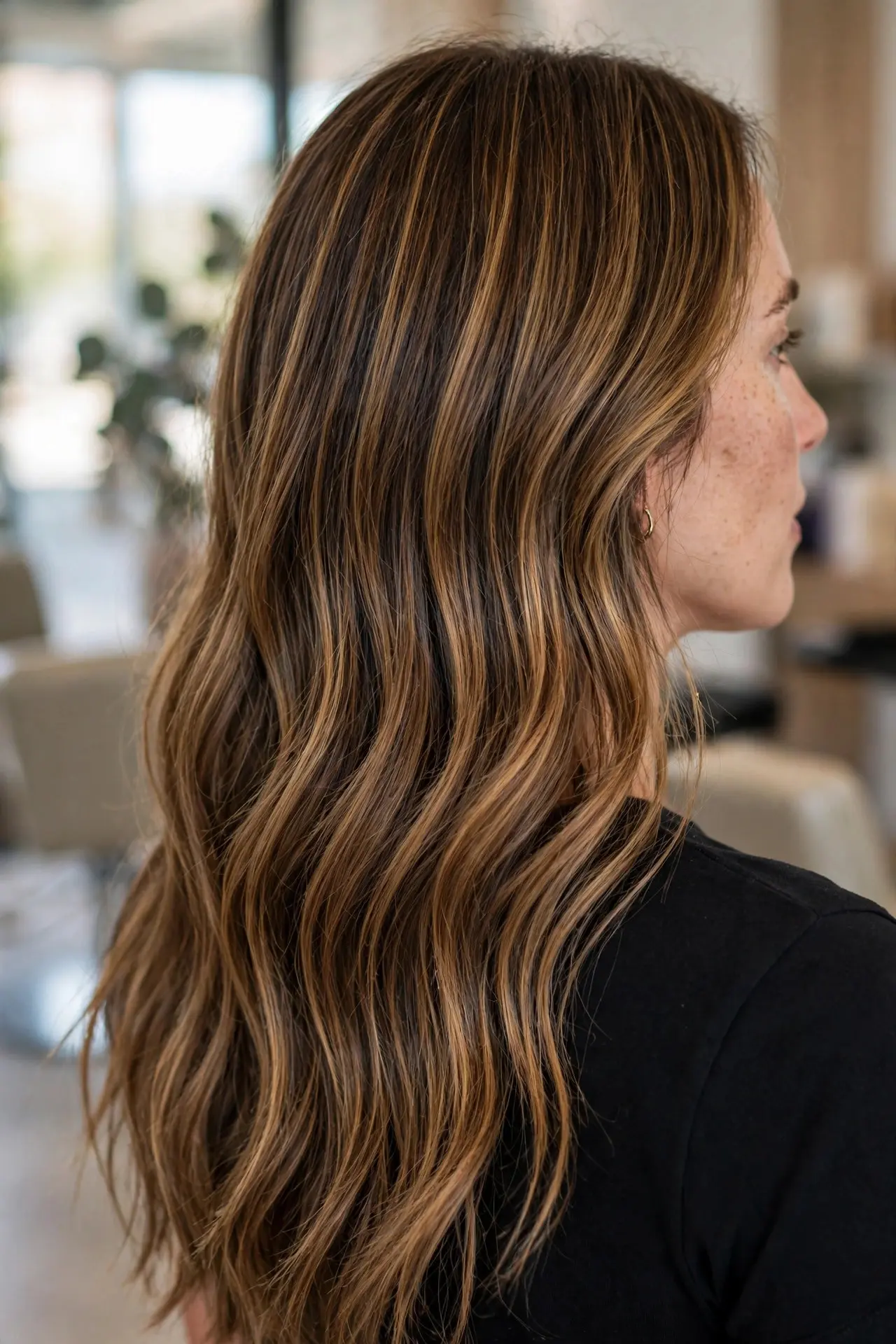 Back view of long brown hair with warm honey brown balayage distributed evenly from root to tip