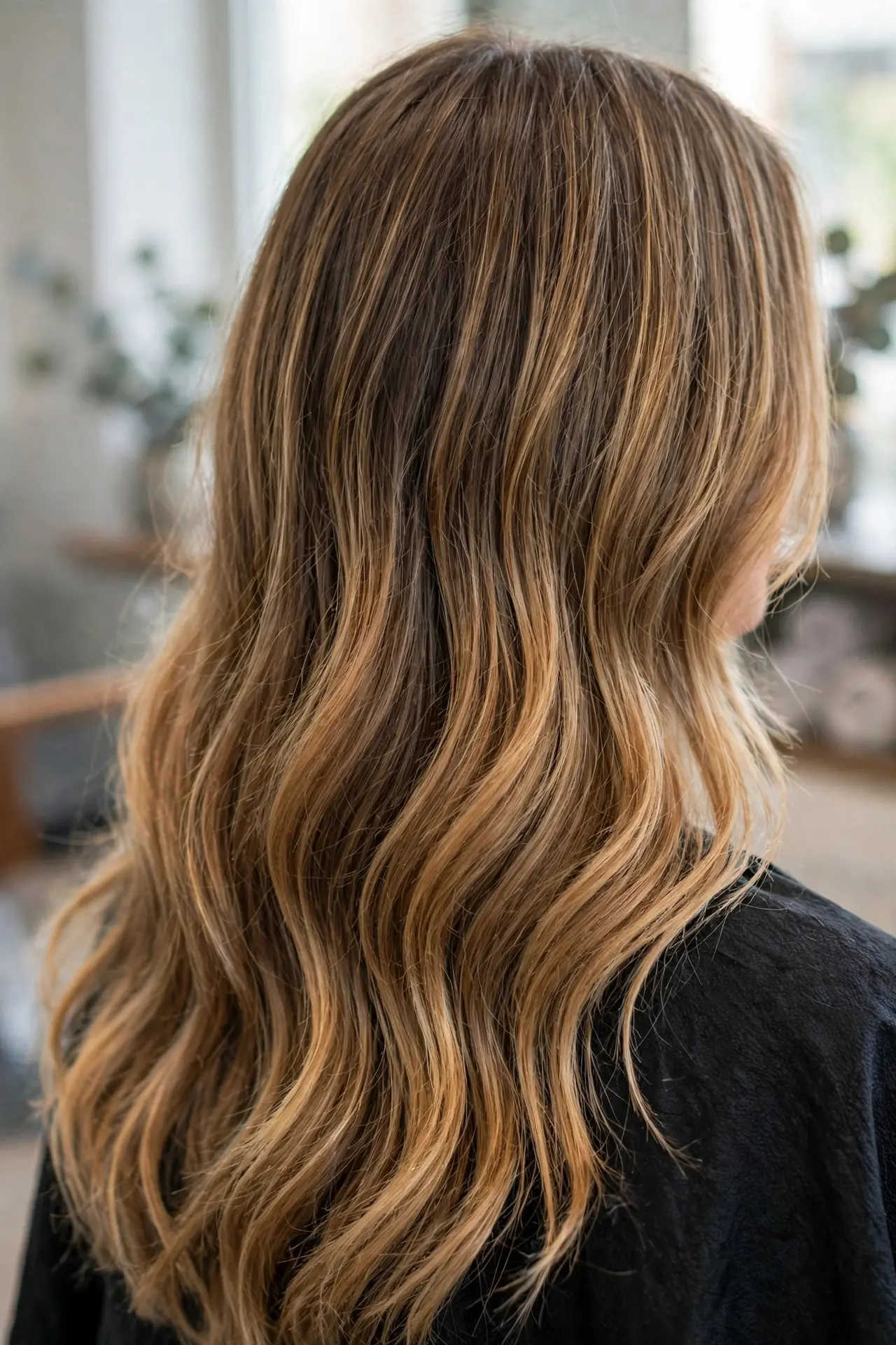 Back view of long hair with a soft brown root smudge melting seamlessly into honey brown balayage ends