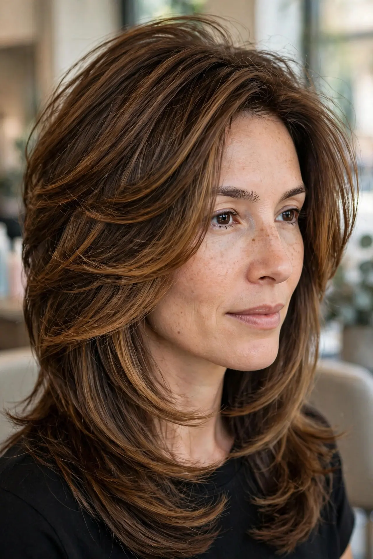 Woman with an oblong face wearing a layered haircut with side volume and honey brown balayage at cheekbone level