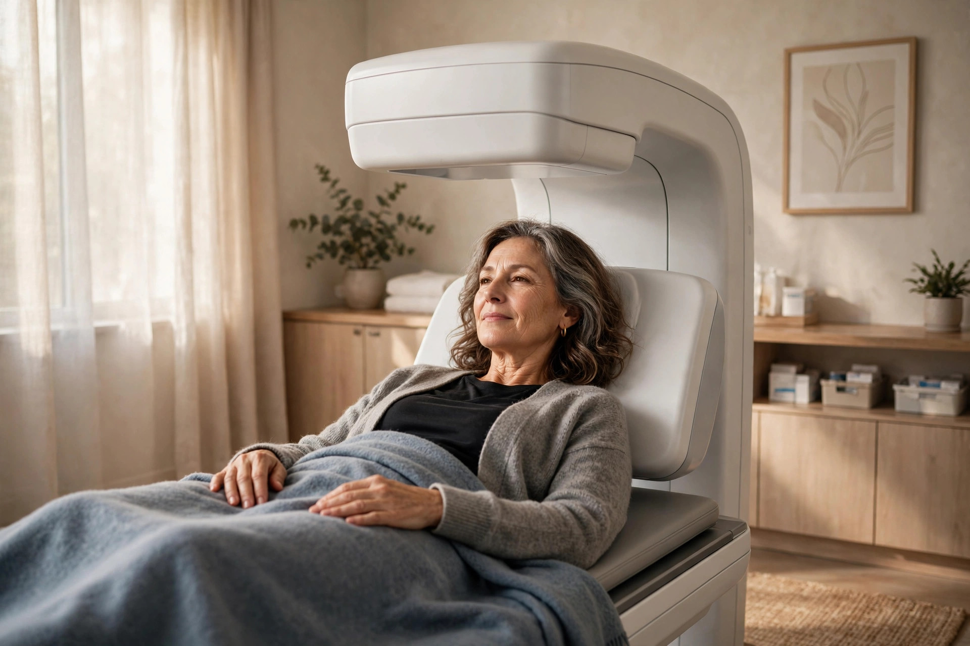 Woman in her 50s having a painless bone density DEXA scan in a calm medical room