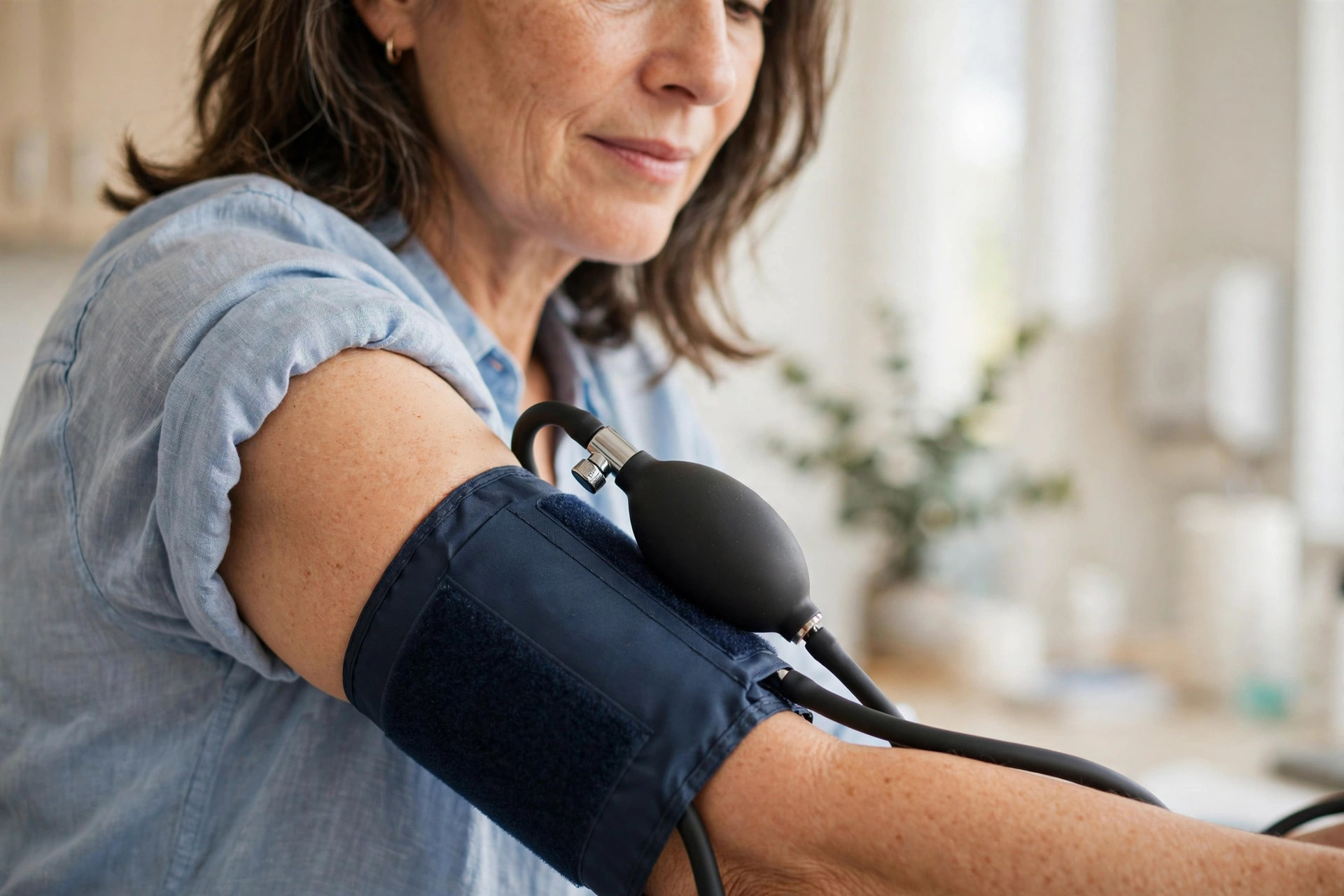 Blood pressure cuff on the arm of a woman in her 50s in a bright clinic, close-up