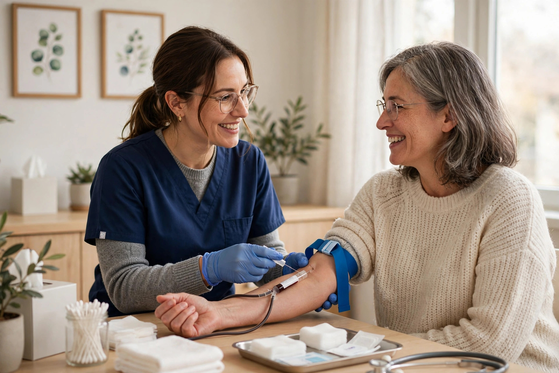 Friendly nurse drawing blood from a smiling woman in her 50s for a cholesterol test