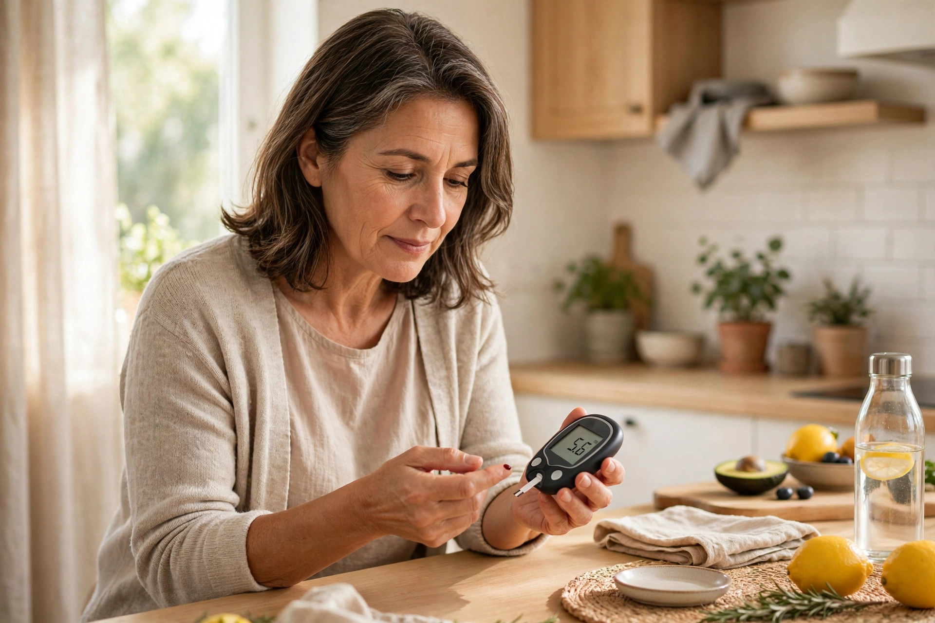 Woman in her 50s checking blood sugar at home with a glucose meter in her kitchen