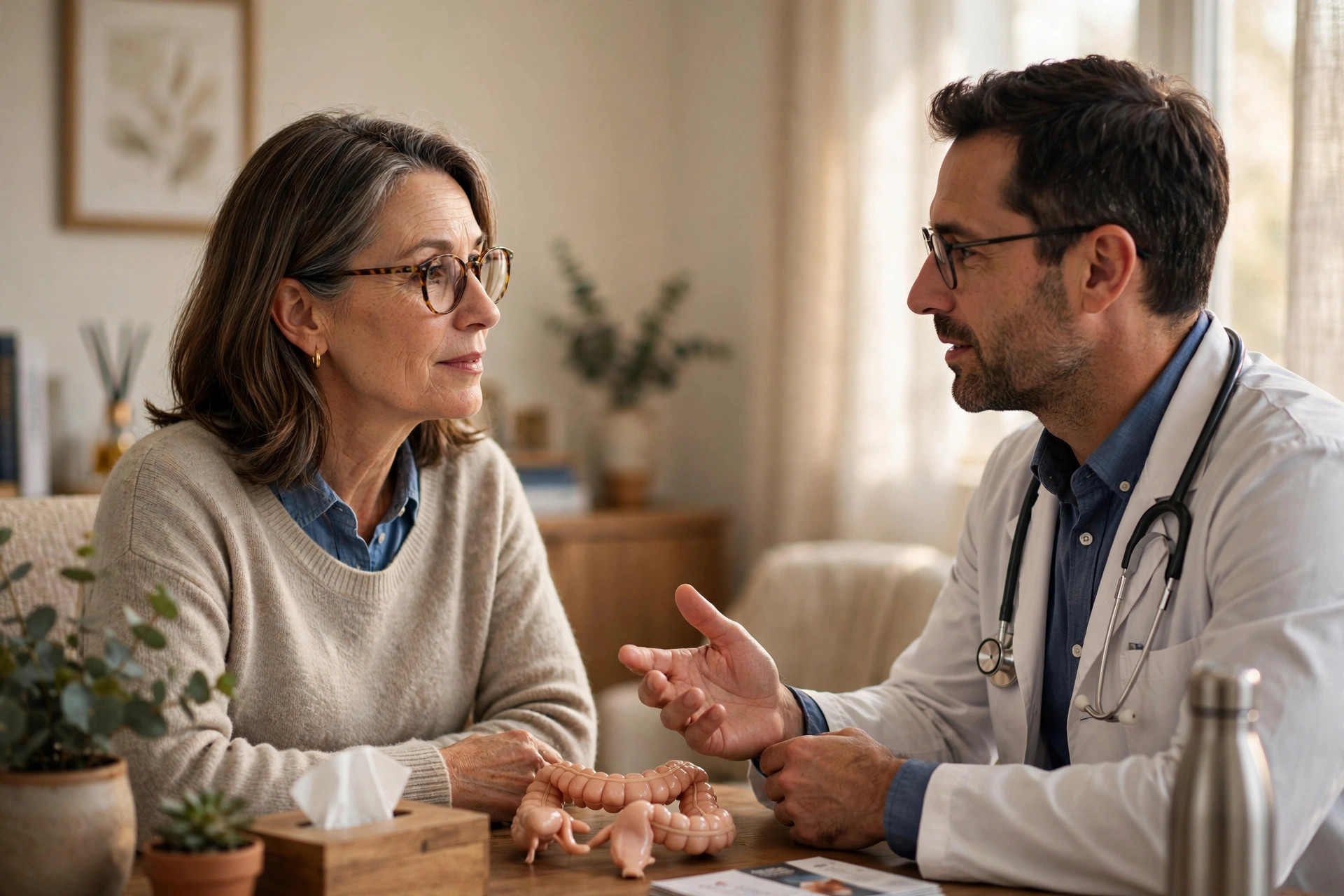 Woman in her 50s talking with her doctor about colon cancer screening options
