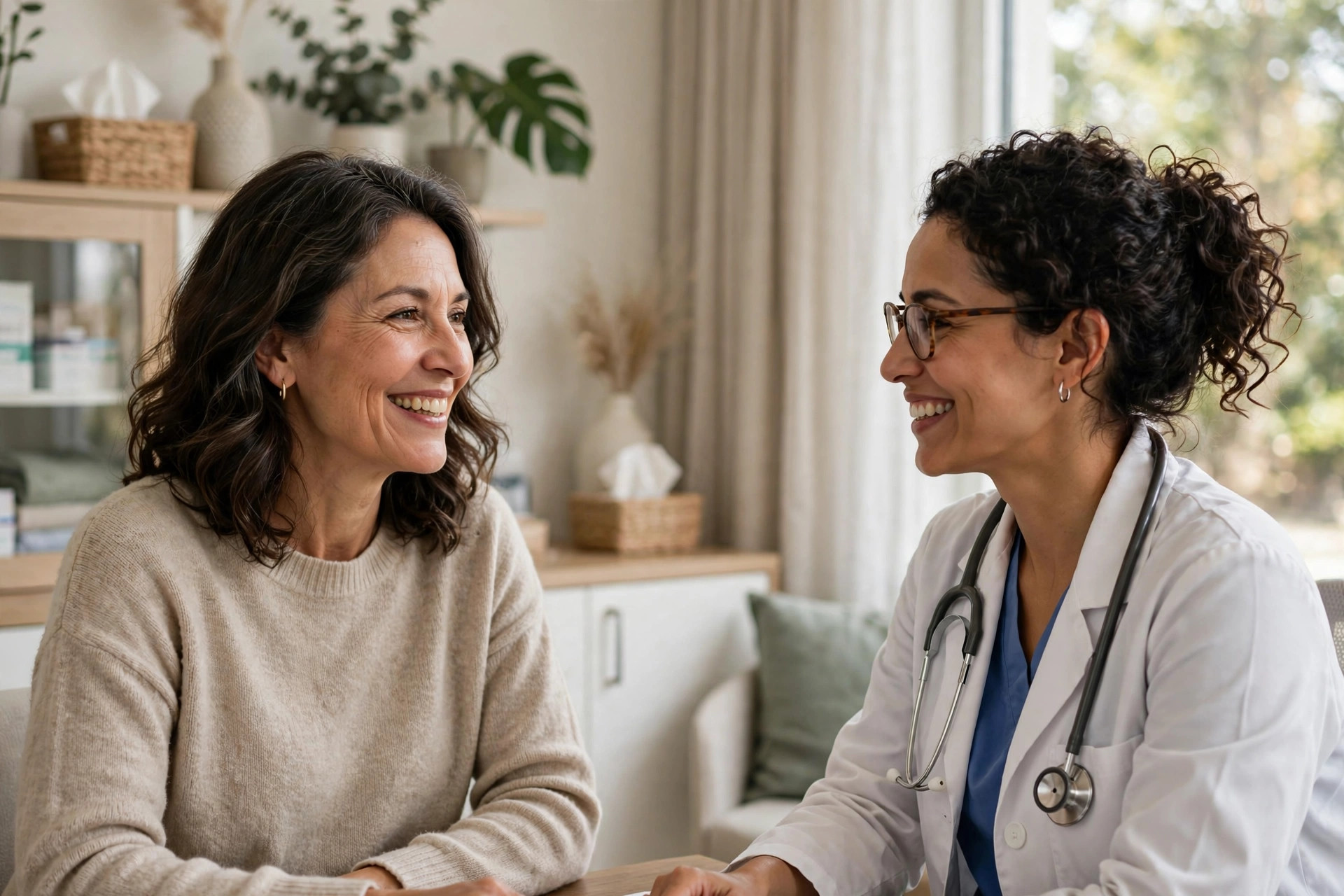 Woman in her 50s at a calm wellness gynecology visit in a pastel clinic