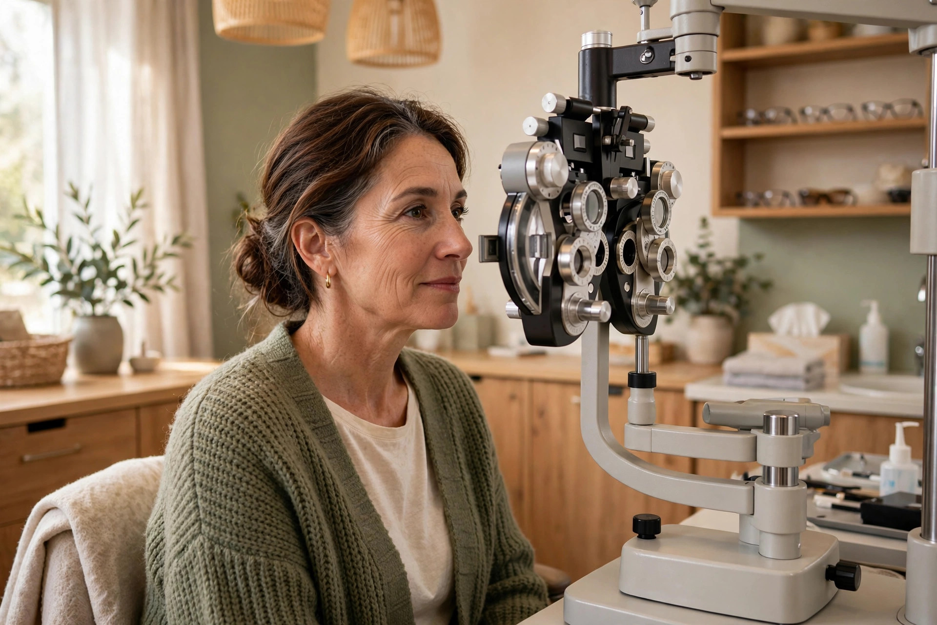 Woman in her 50s getting a comprehensive eye exam at the optometrist