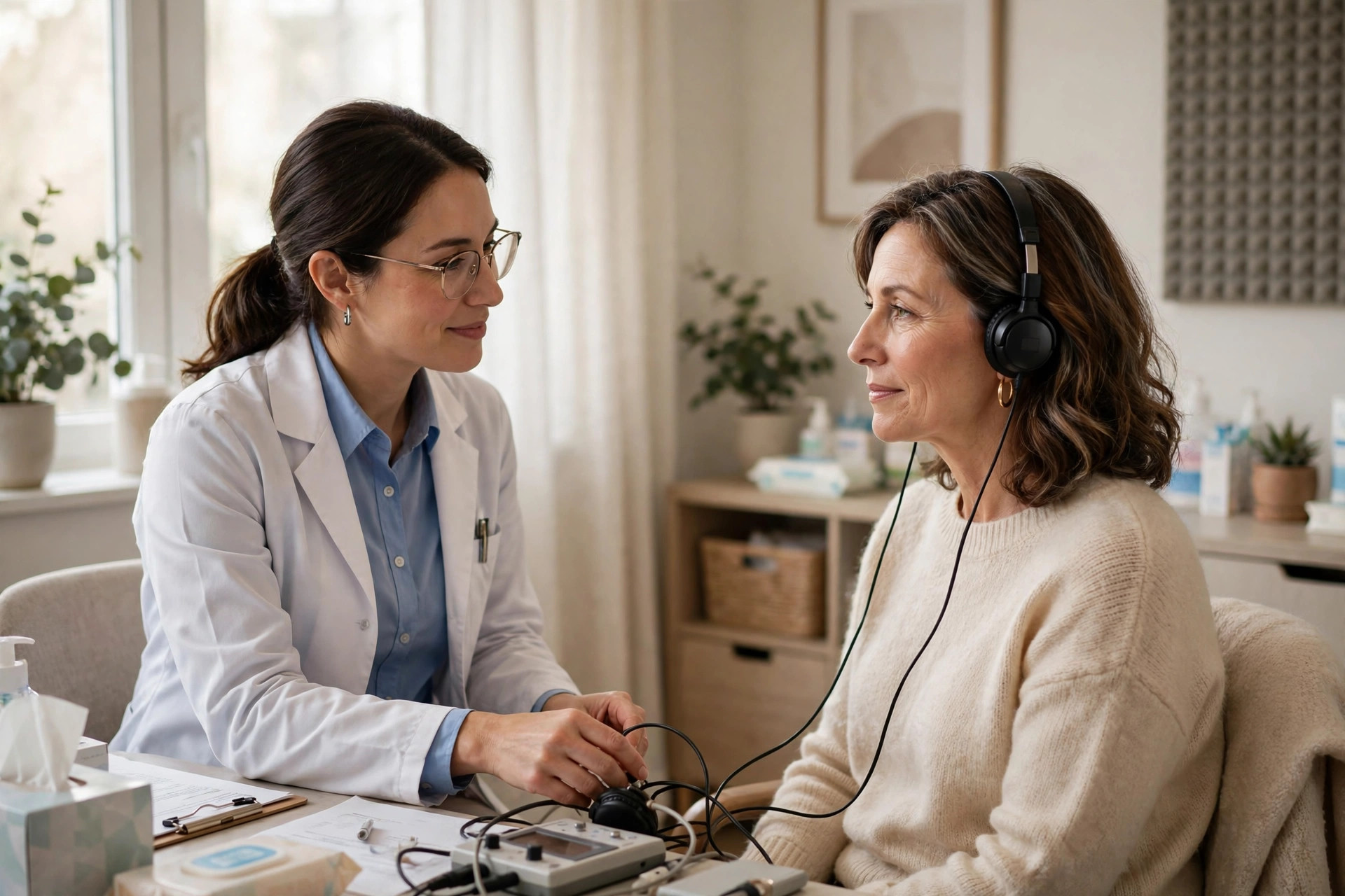 Woman in her 50s having a hearing test appointment with an audiologist