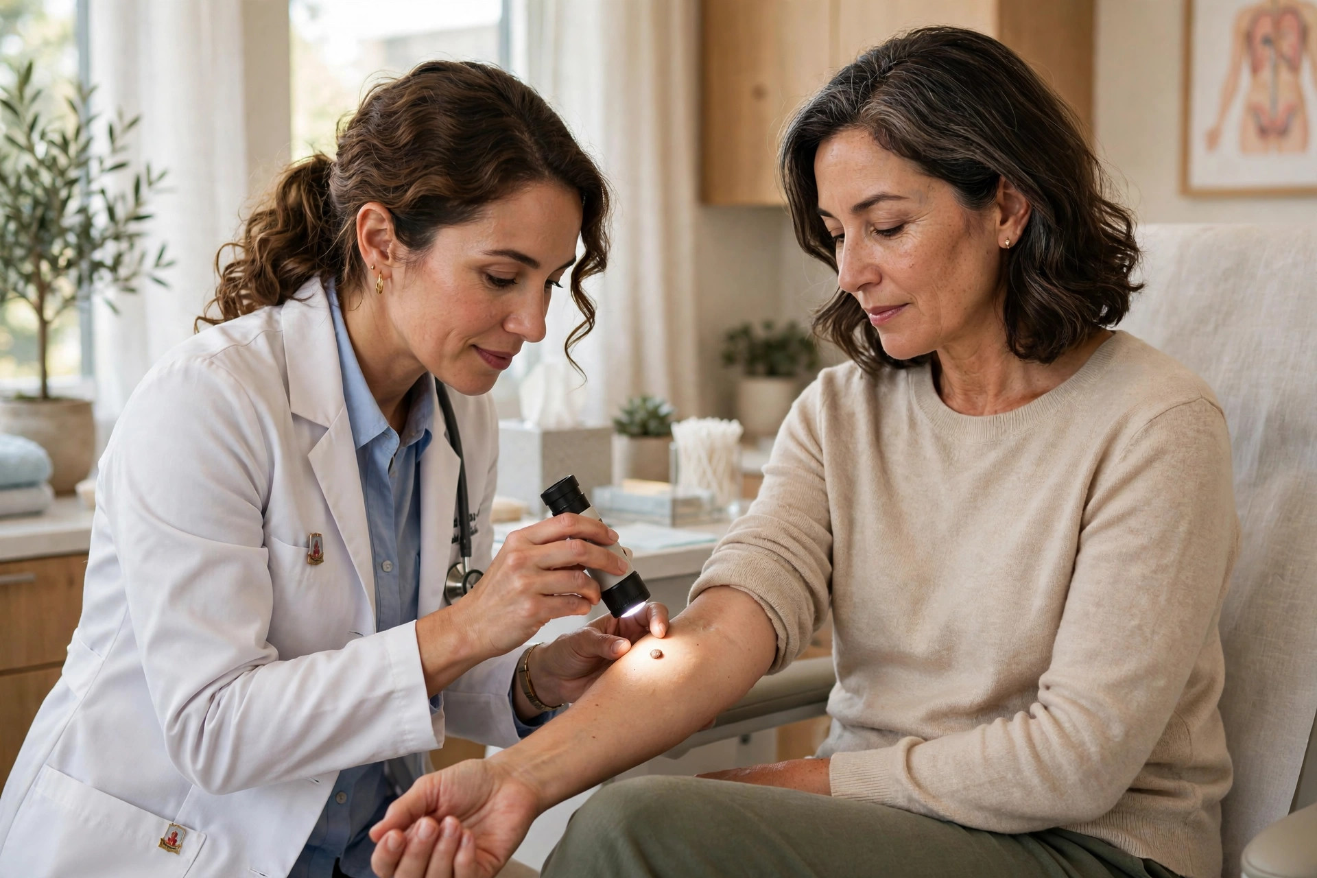 Dermatologist doing a full-body skin check on a woman in her 50s, examining a mole
