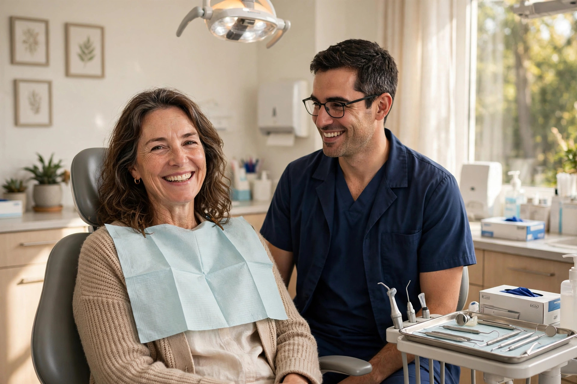 Smiling woman in her 50s at a bright dental office during a checkup