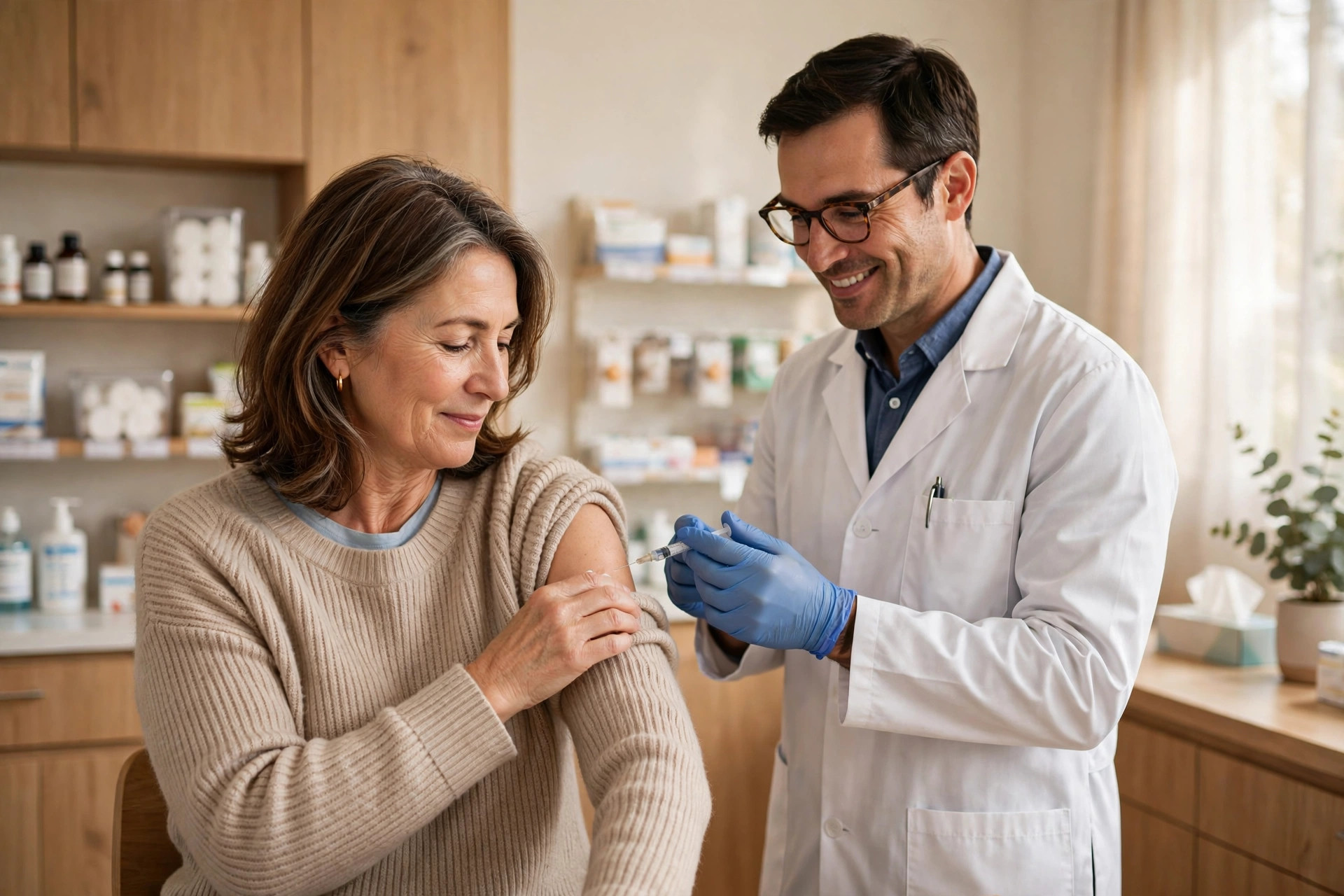 Woman in her 50s rolling up her sleeve for a flu shot at a pharmacy clinic
