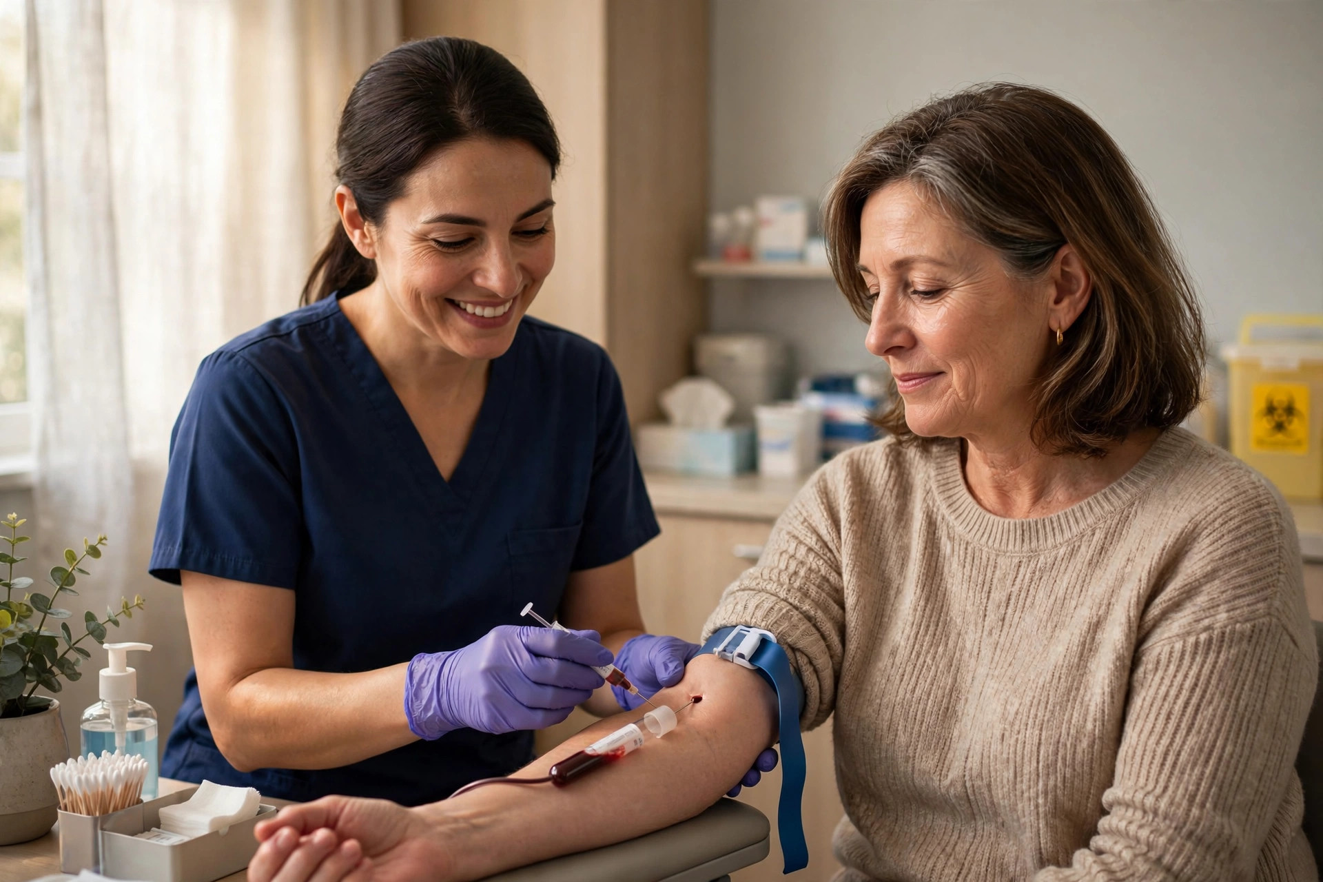 Woman in her 50s having blood drawn for a thyroid function test at a medical lab