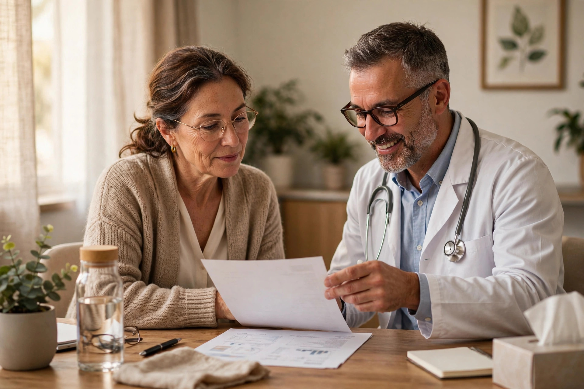 Woman in her 50s reviewing vitamin D blood test results with her doctor