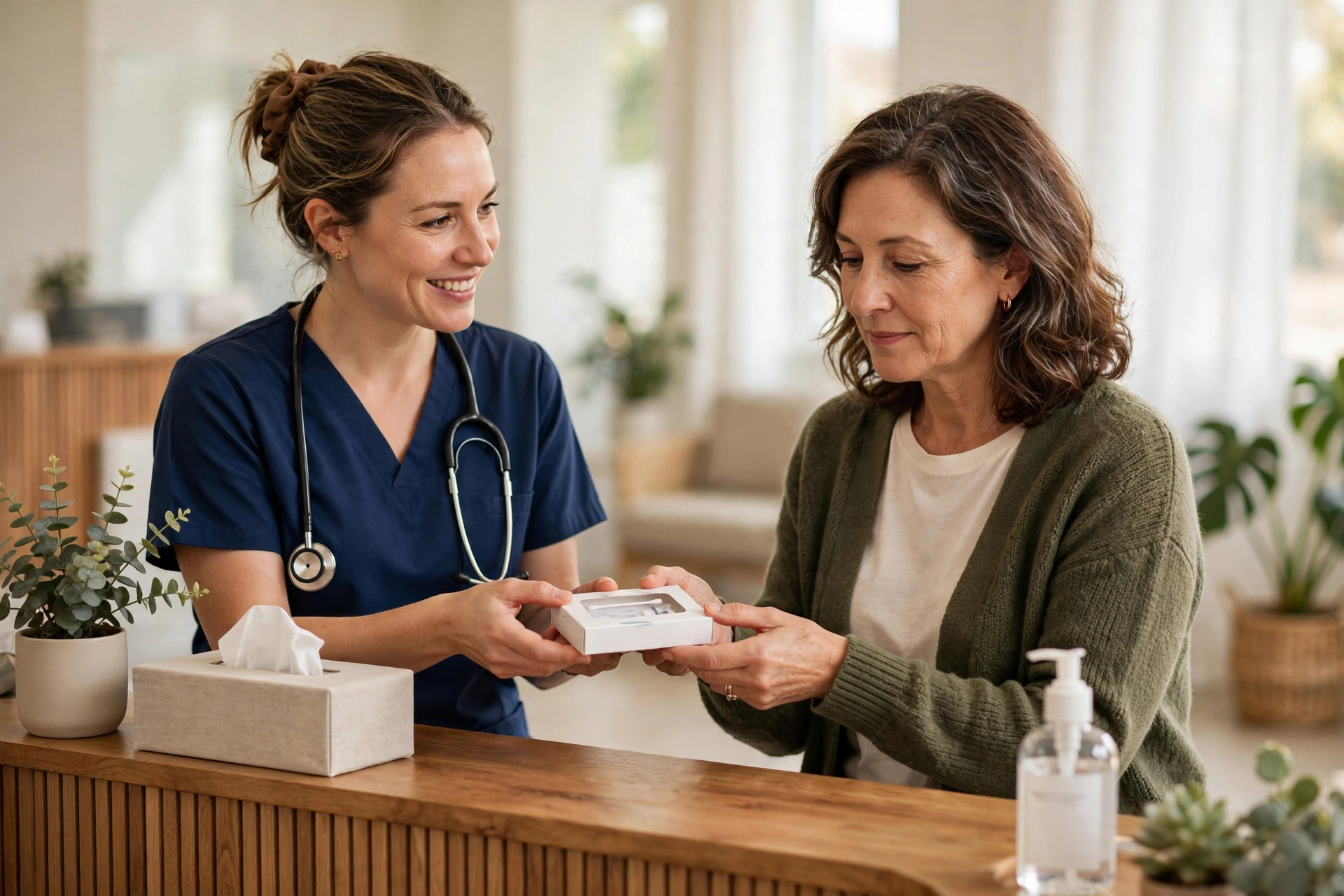 Nurse handing a lab test kit to a woman in her 50s at a bright clinic reception
