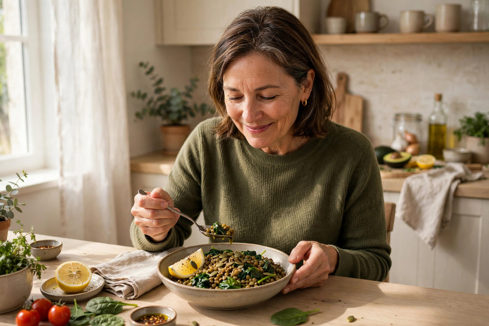 Woman in her 50s enjoying an iron-rich lunch with spinach and lentils in a bright kitchen