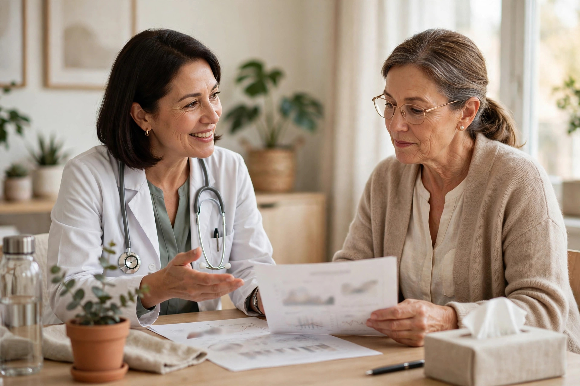 Doctor explaining liver function blood test results to a woman in her 50s