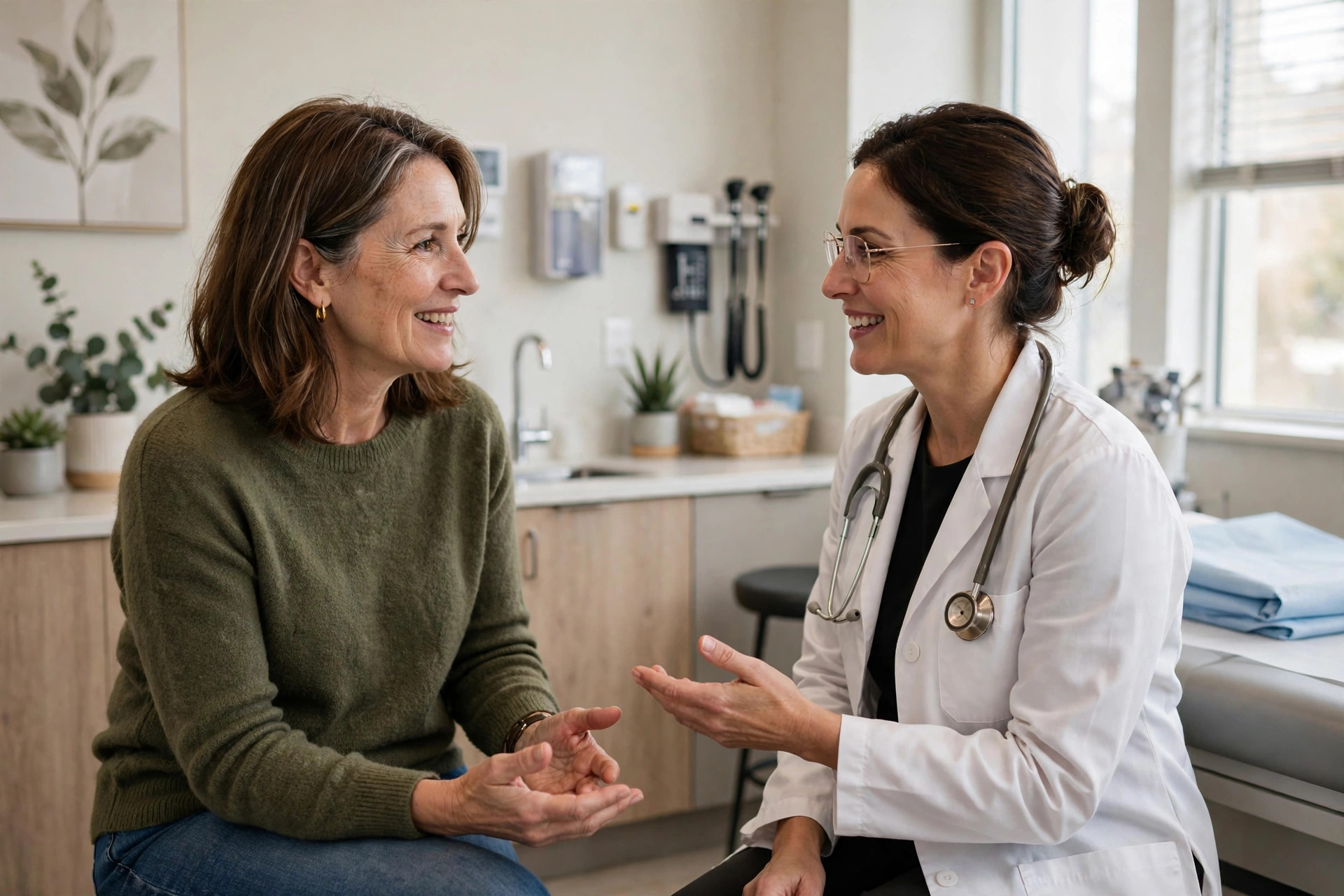 Woman in her 50s chatting with her gynecologist in a bright modern exam room