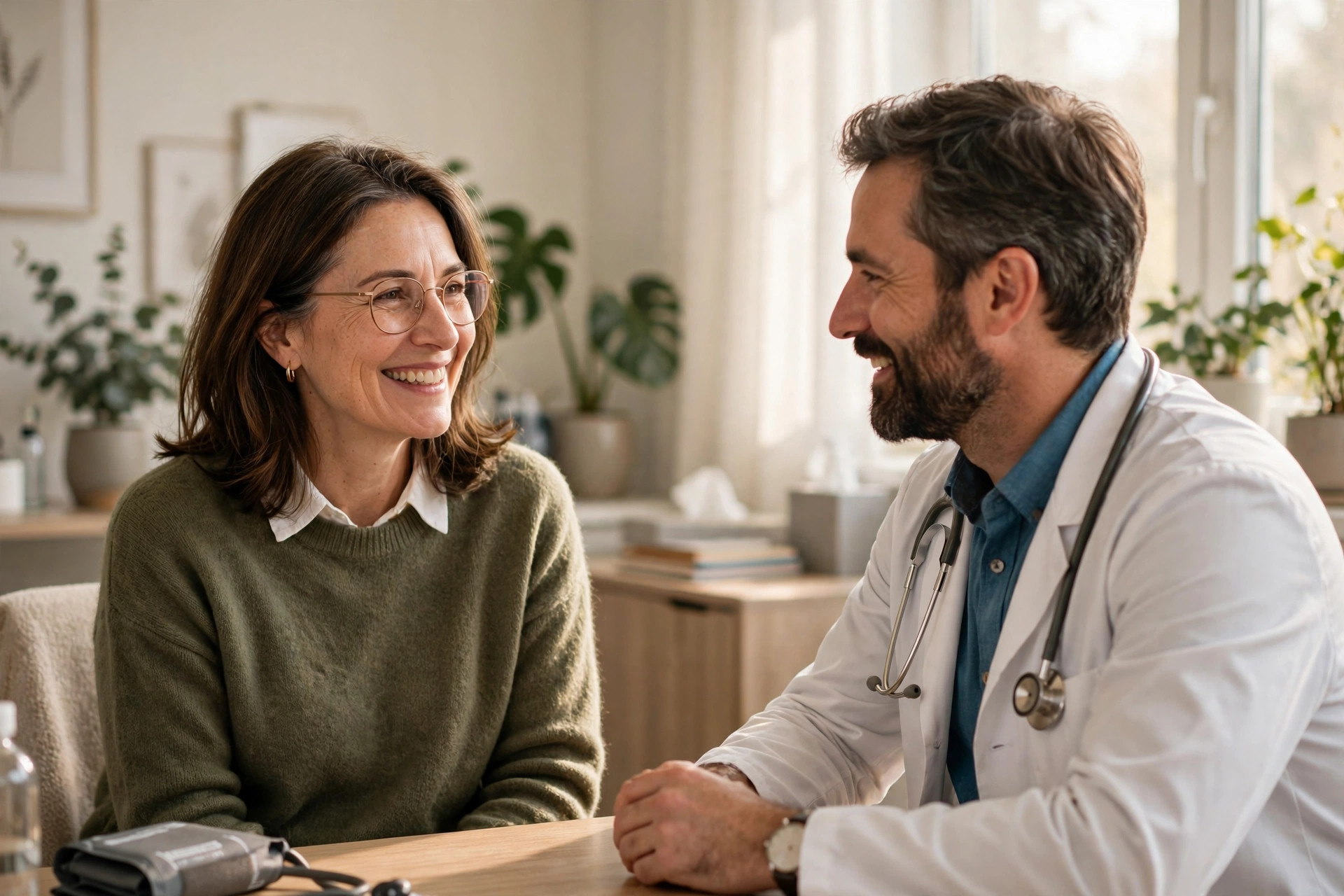Woman in her 50s smiling during a memory check-in with her doctor in a bright office