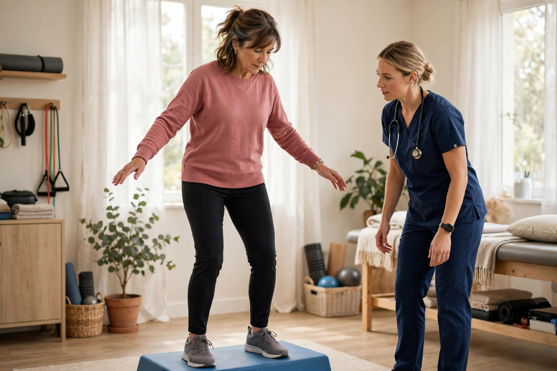 Physical therapist assessing the balance of a woman in her 50s in a bright clinic