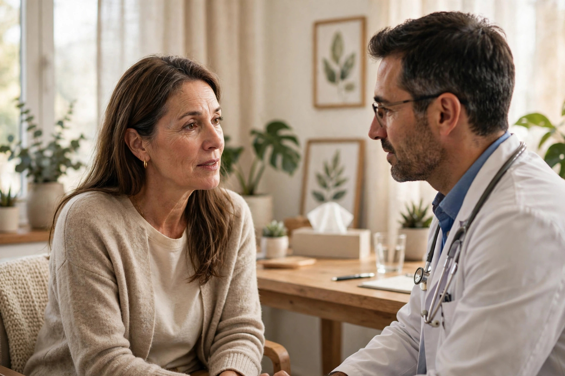 Woman in her 50s discussing sleep concerns with her doctor in a bright office