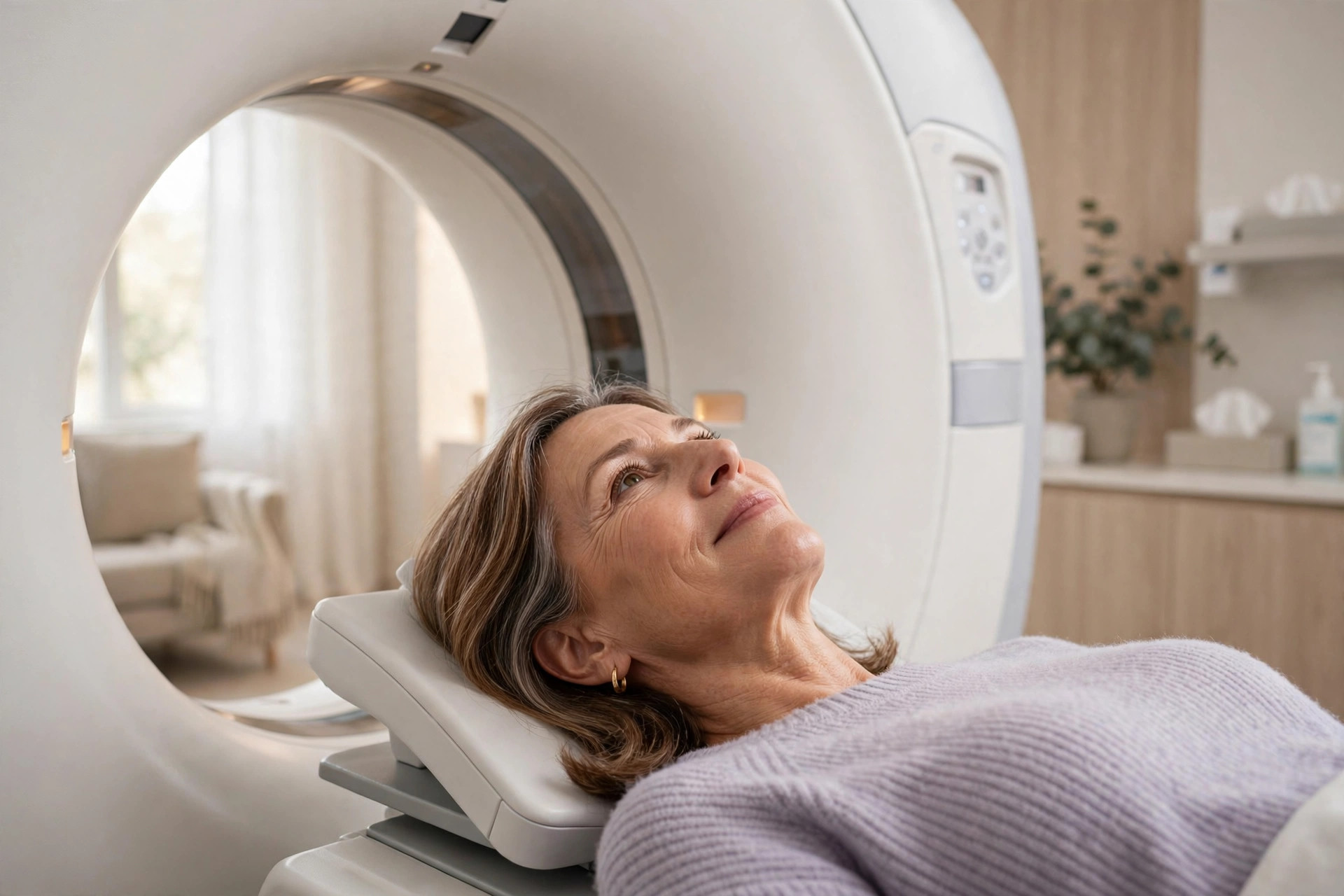 Woman in her 50s having a low-dose CT lung scan in a modern imaging center