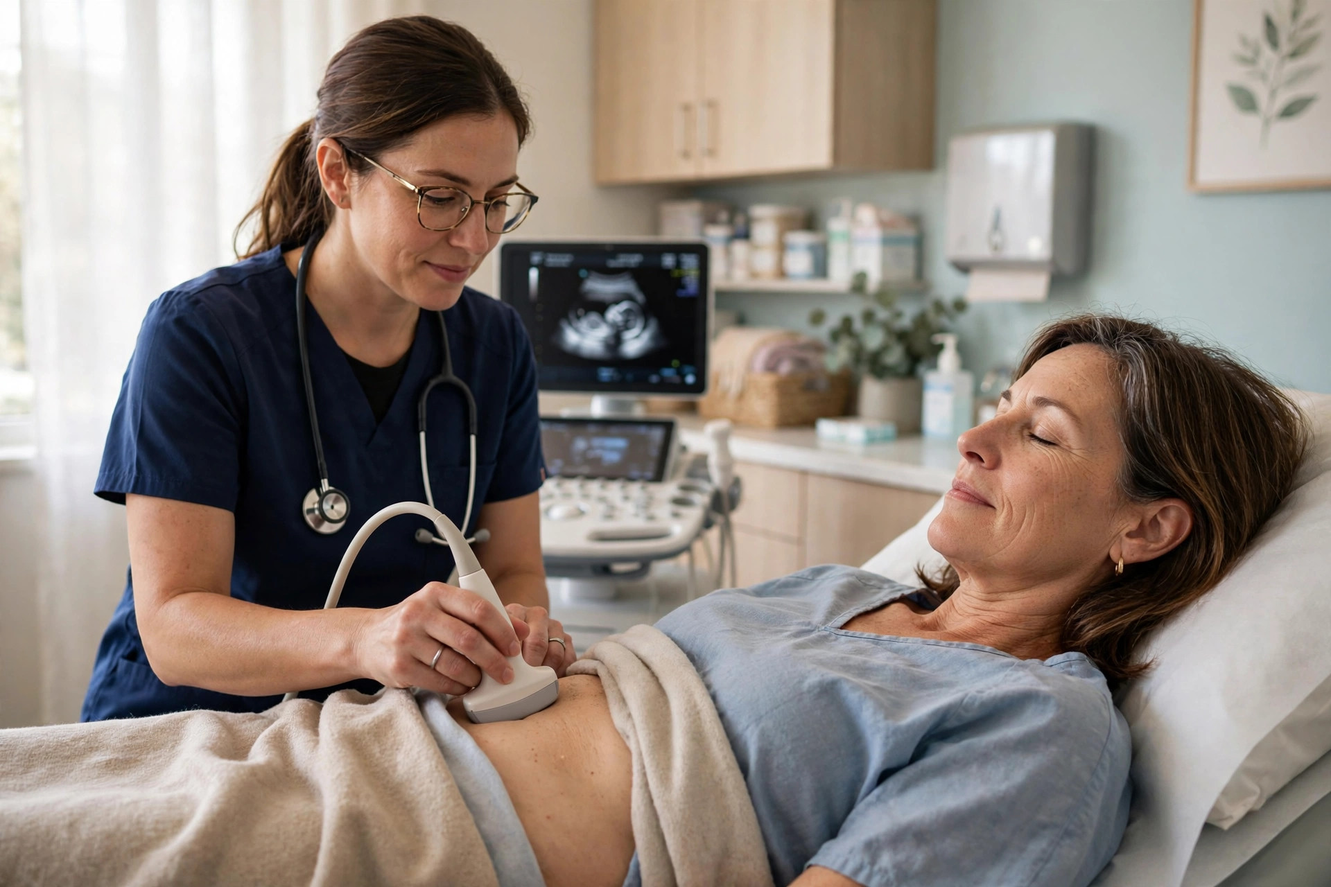 Technician doing a quick abdominal ultrasound on a woman in her 50s