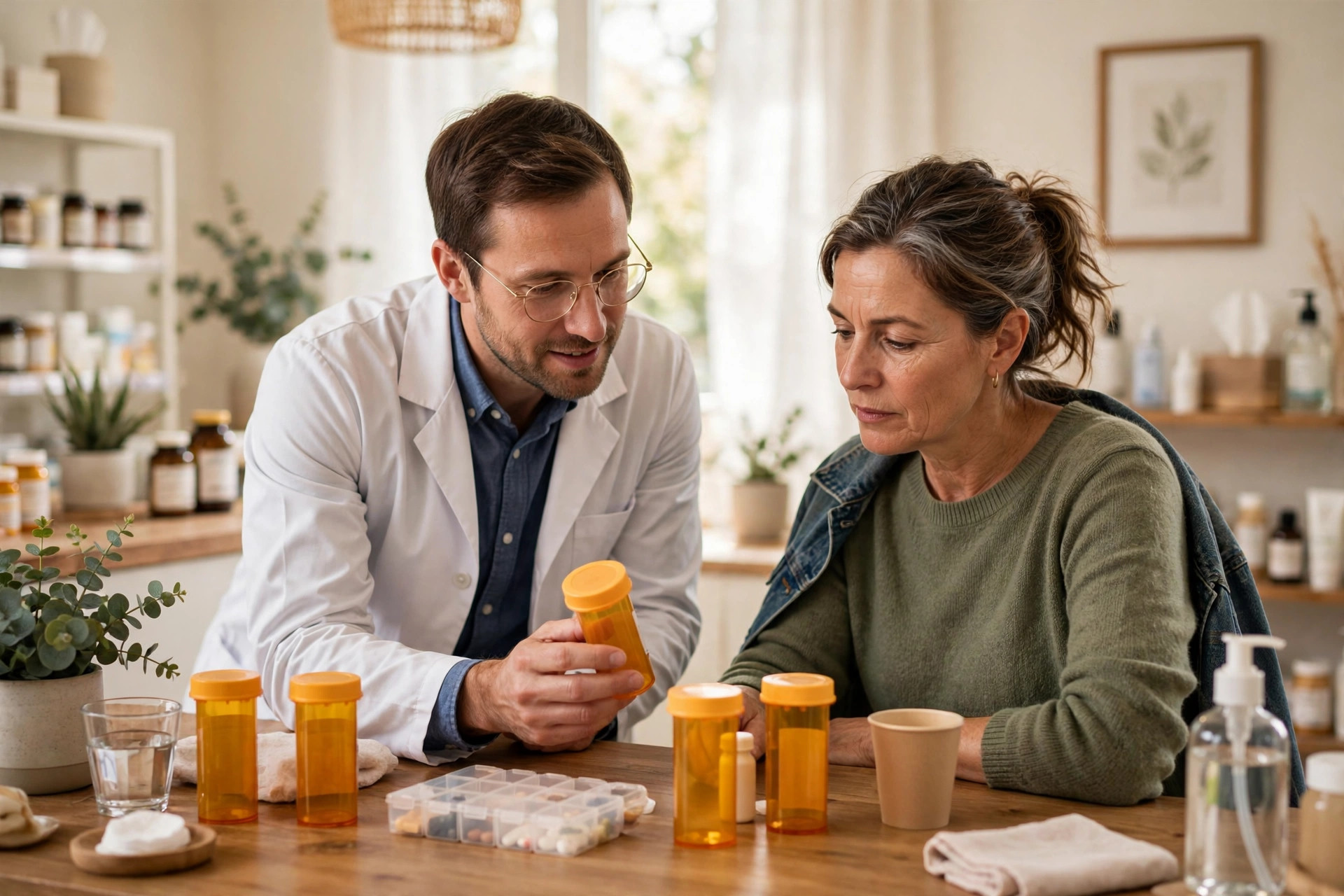 Pharmacist reviewing medication bottles with a woman in her 50s at a pharmacy counter