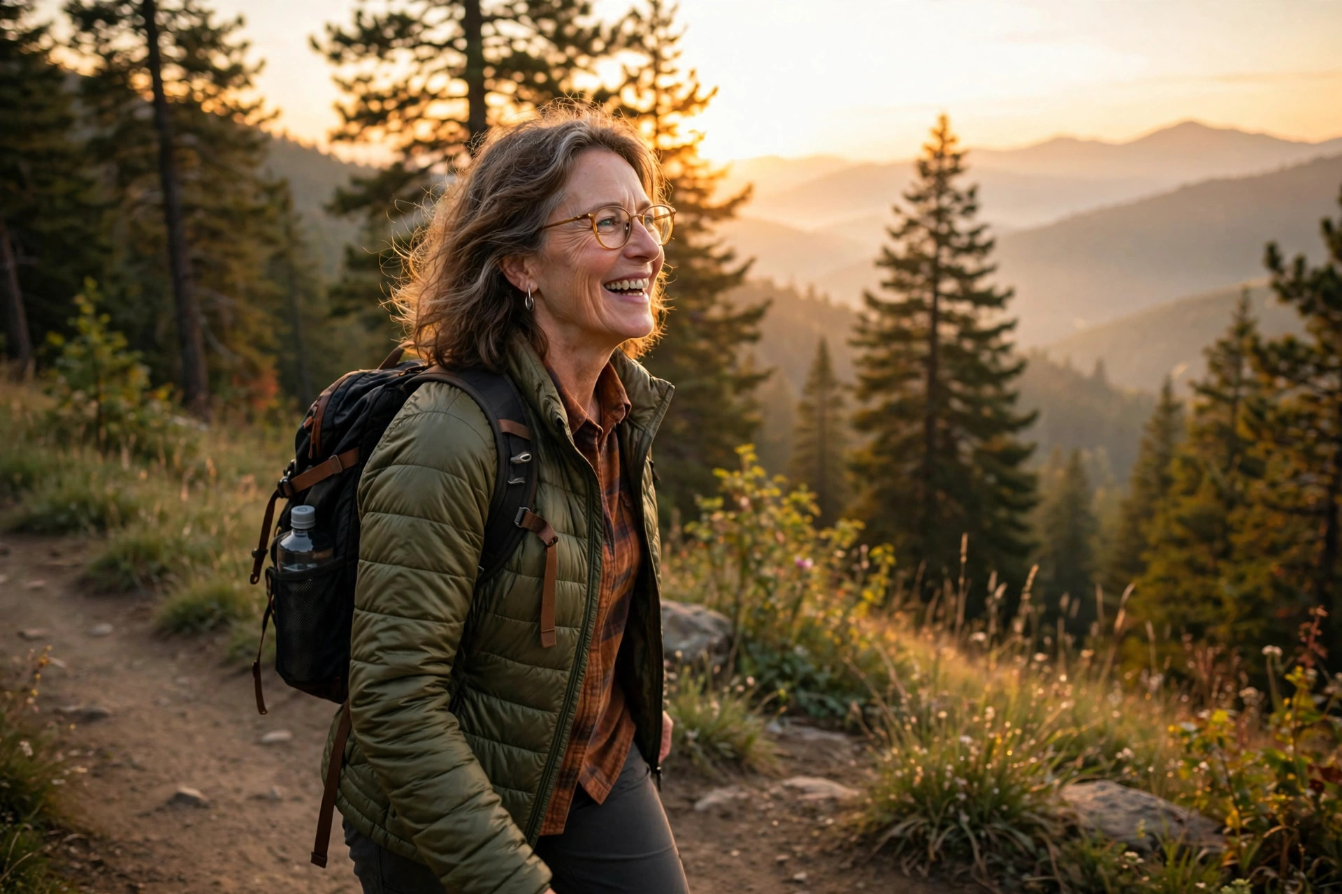 Woman in her 50s walking joyfully on a scenic trail