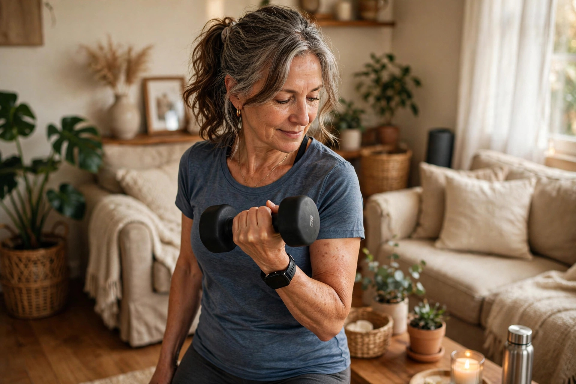 Woman in her 50s strength training with dumbbells at home