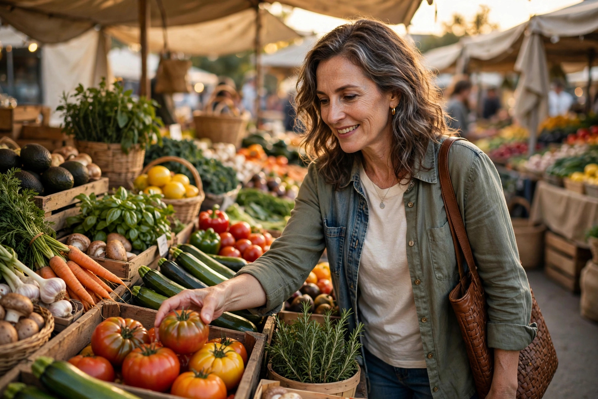 Woman in her 50s shopping for fresh produce at a market