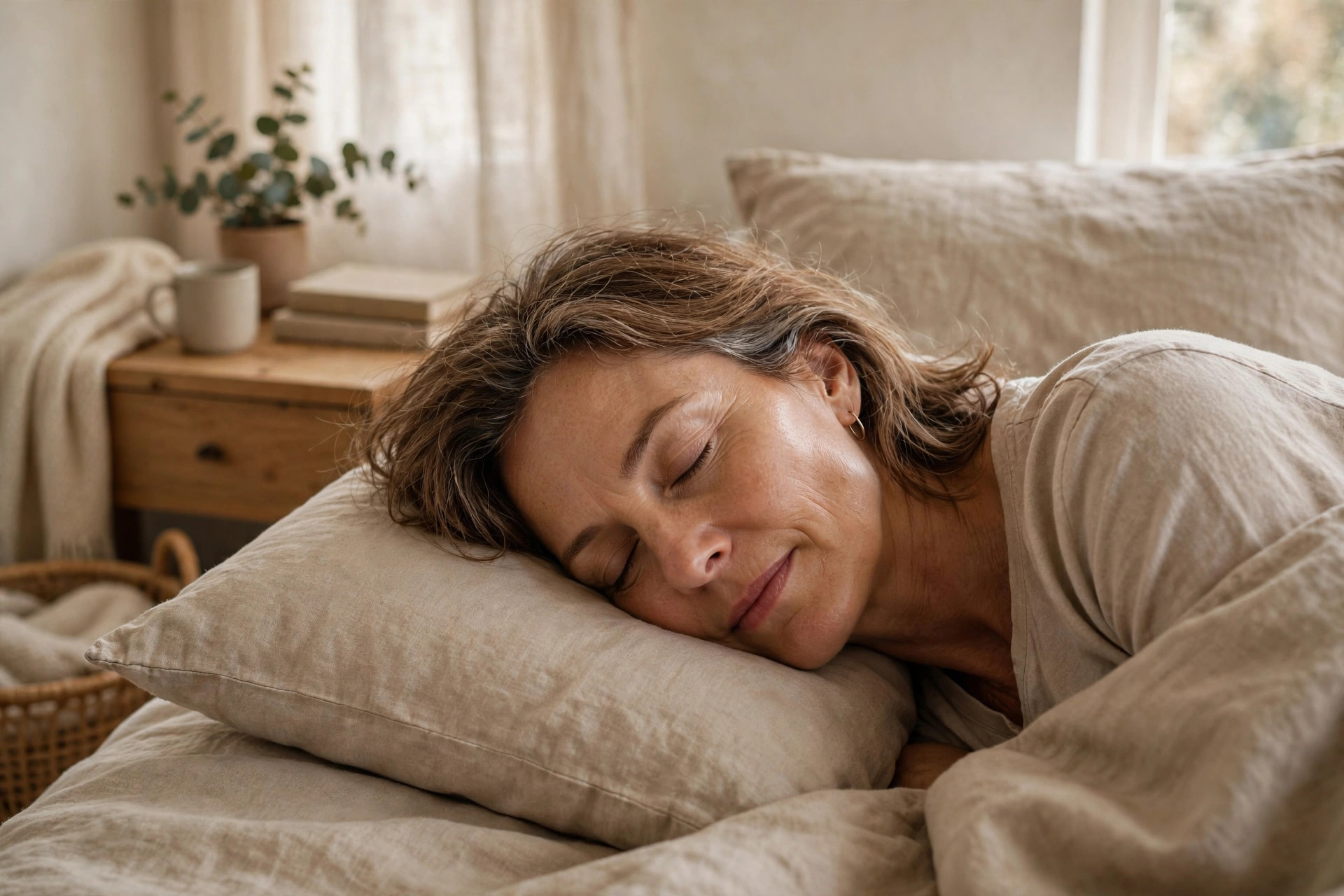 Woman in her 50s sleeping peacefully in a serene bedroom