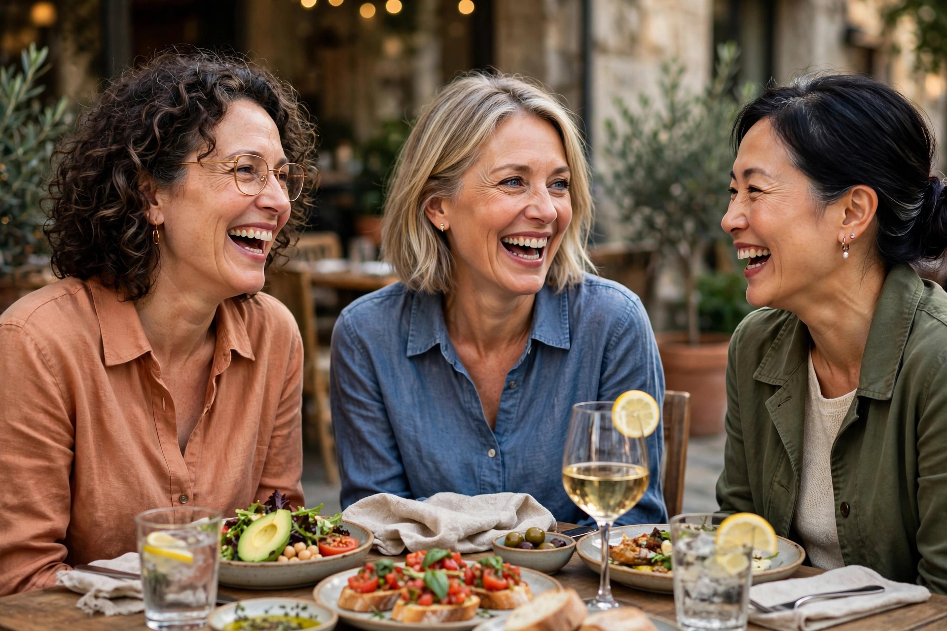 Three women in their 50s laughing together over lunch