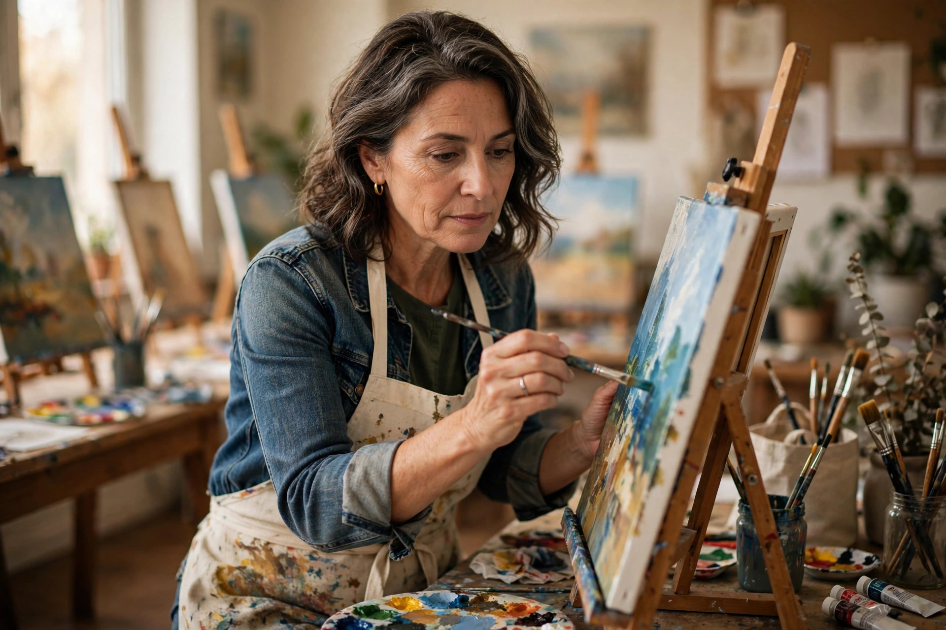 Woman in her 50s learning painting in an art class