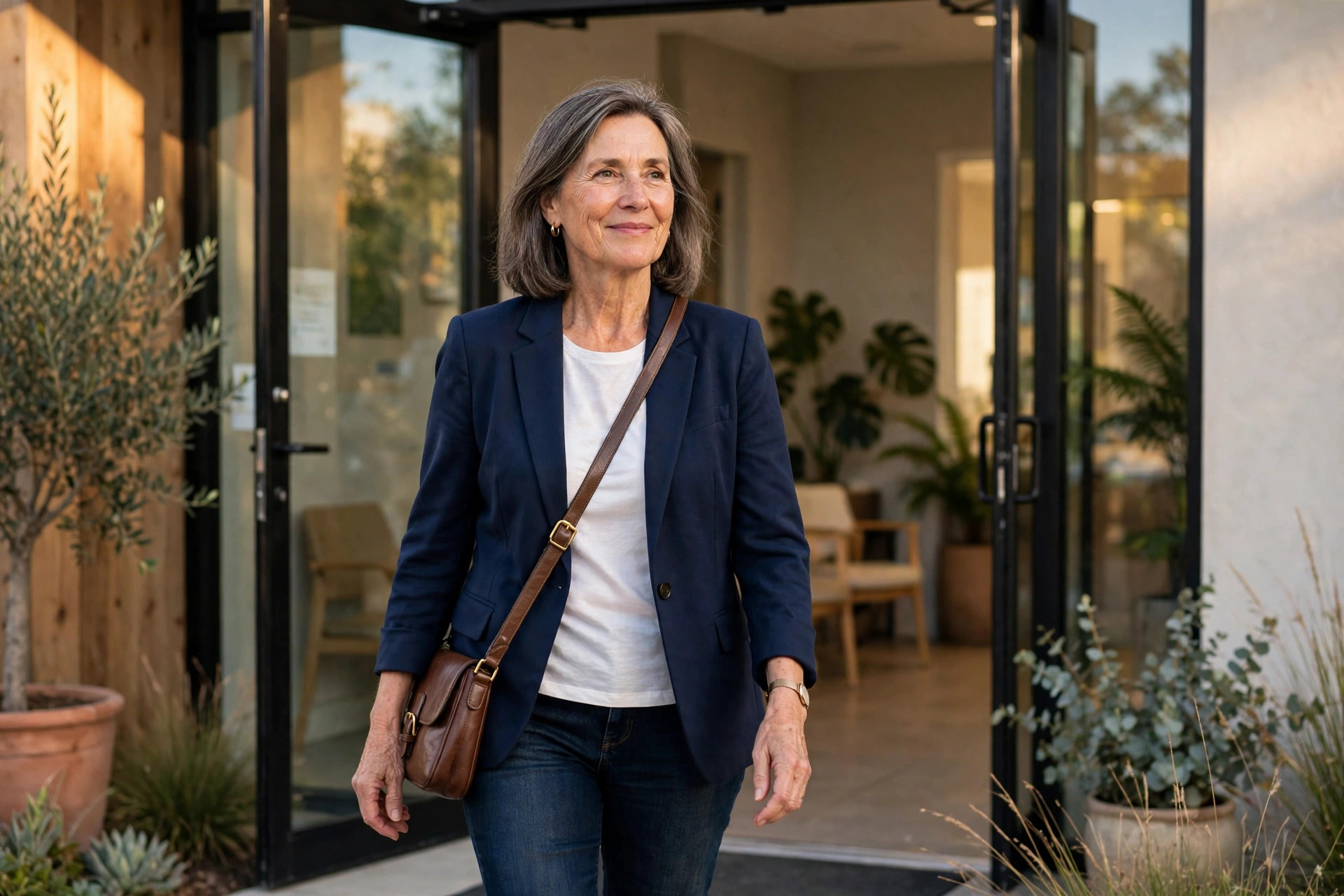 Woman in her 50s walking into a clinic for a checkup