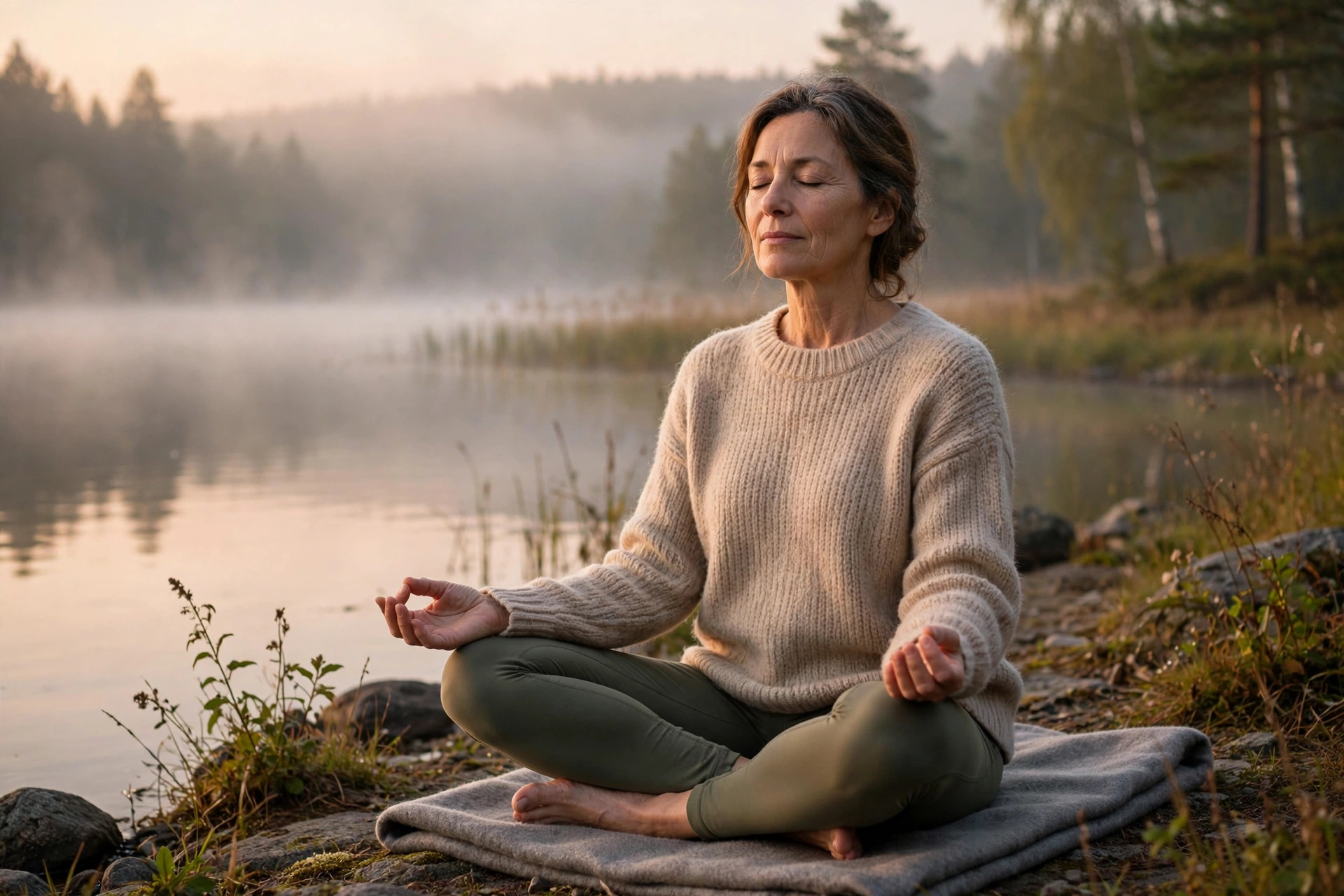 Woman in her 50s meditating calmly by a lake