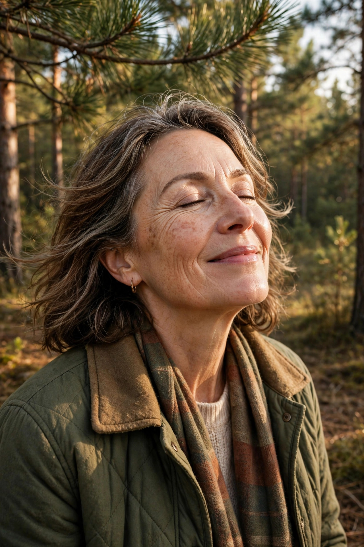 Woman in her 50s enjoying fresh air in a pine forest