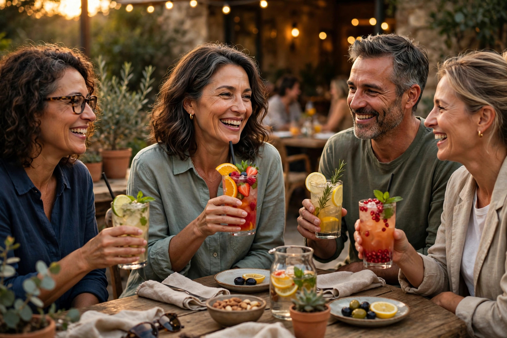 Woman in her 50s enjoying a mocktail with friends