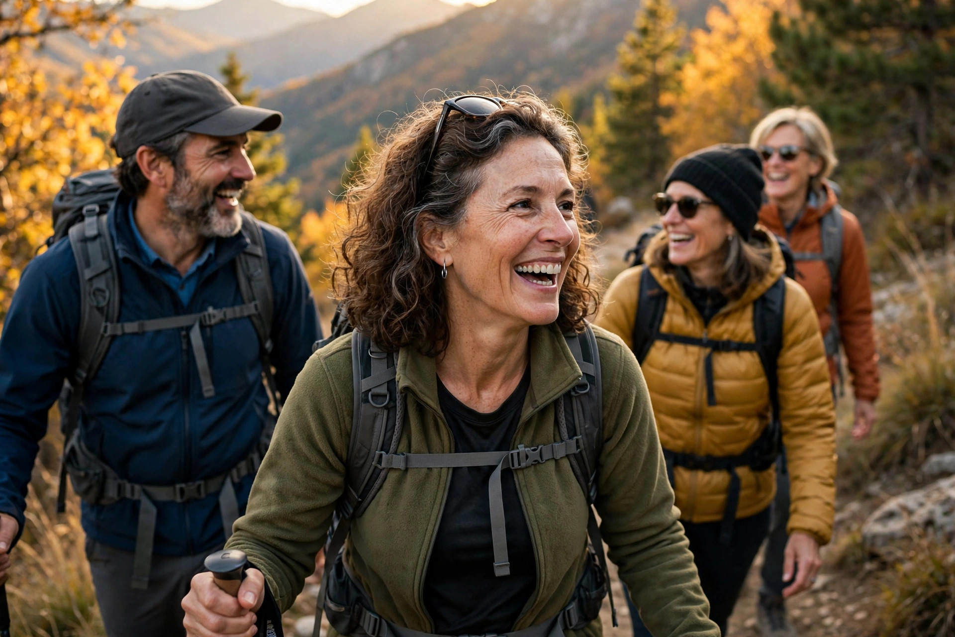 Woman in her 50s hiking energetically with friends