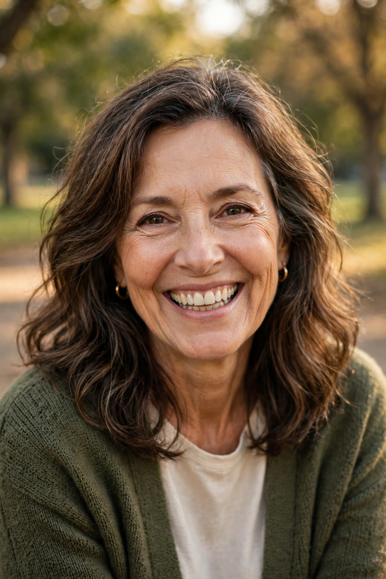 Woman in her 50s smiling brightly with healthy teeth