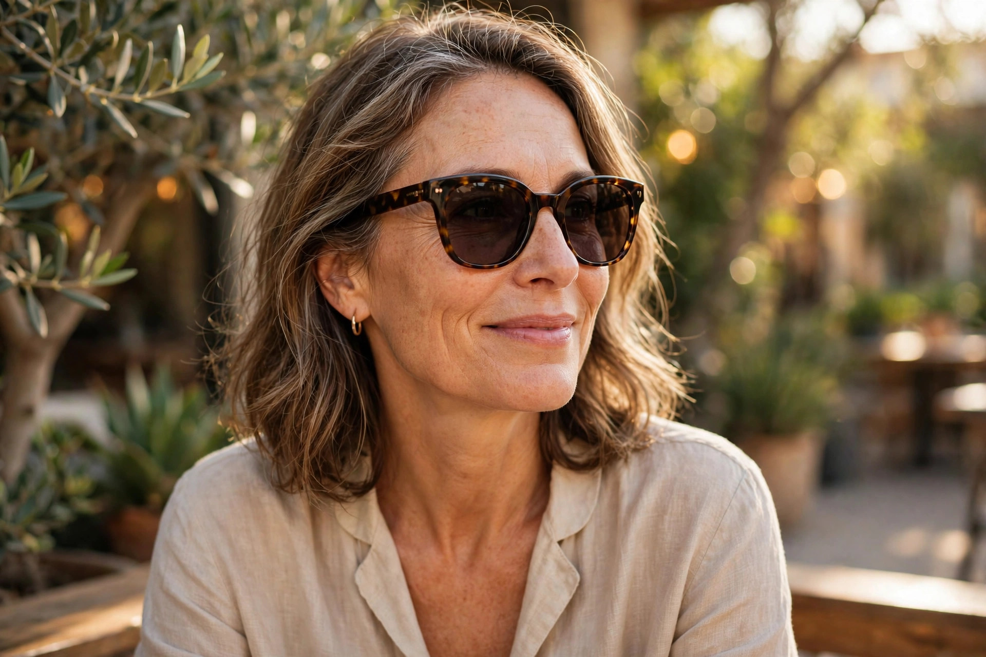 Woman in her 50s wearing stylish sunglasses on a sunny day