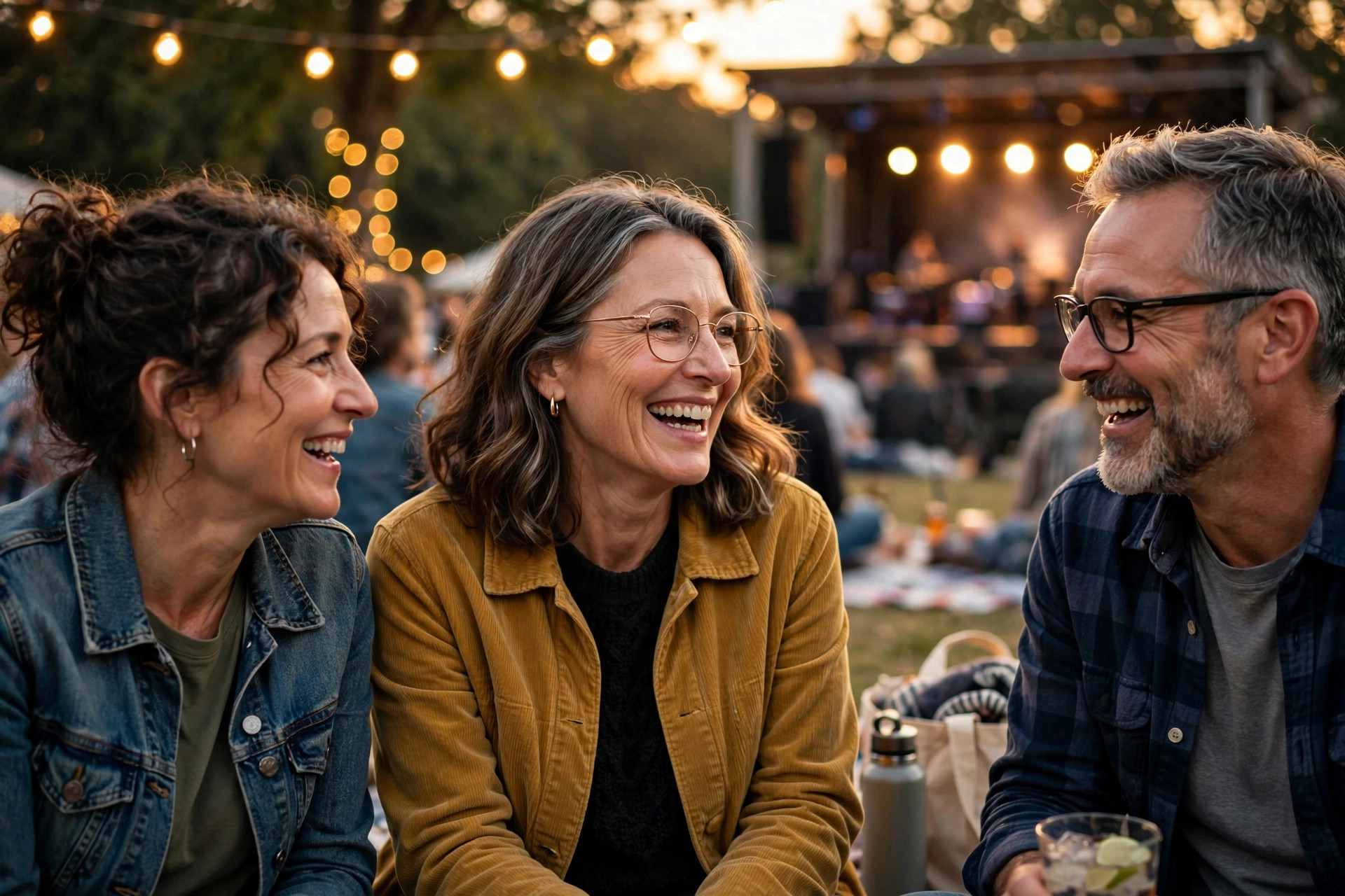 Woman in her 50s enjoying an outdoor concert with friends