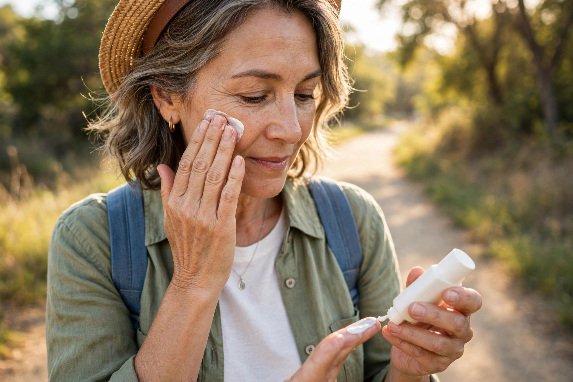 Woman in her 50s applying sunscreen on a sunny walk