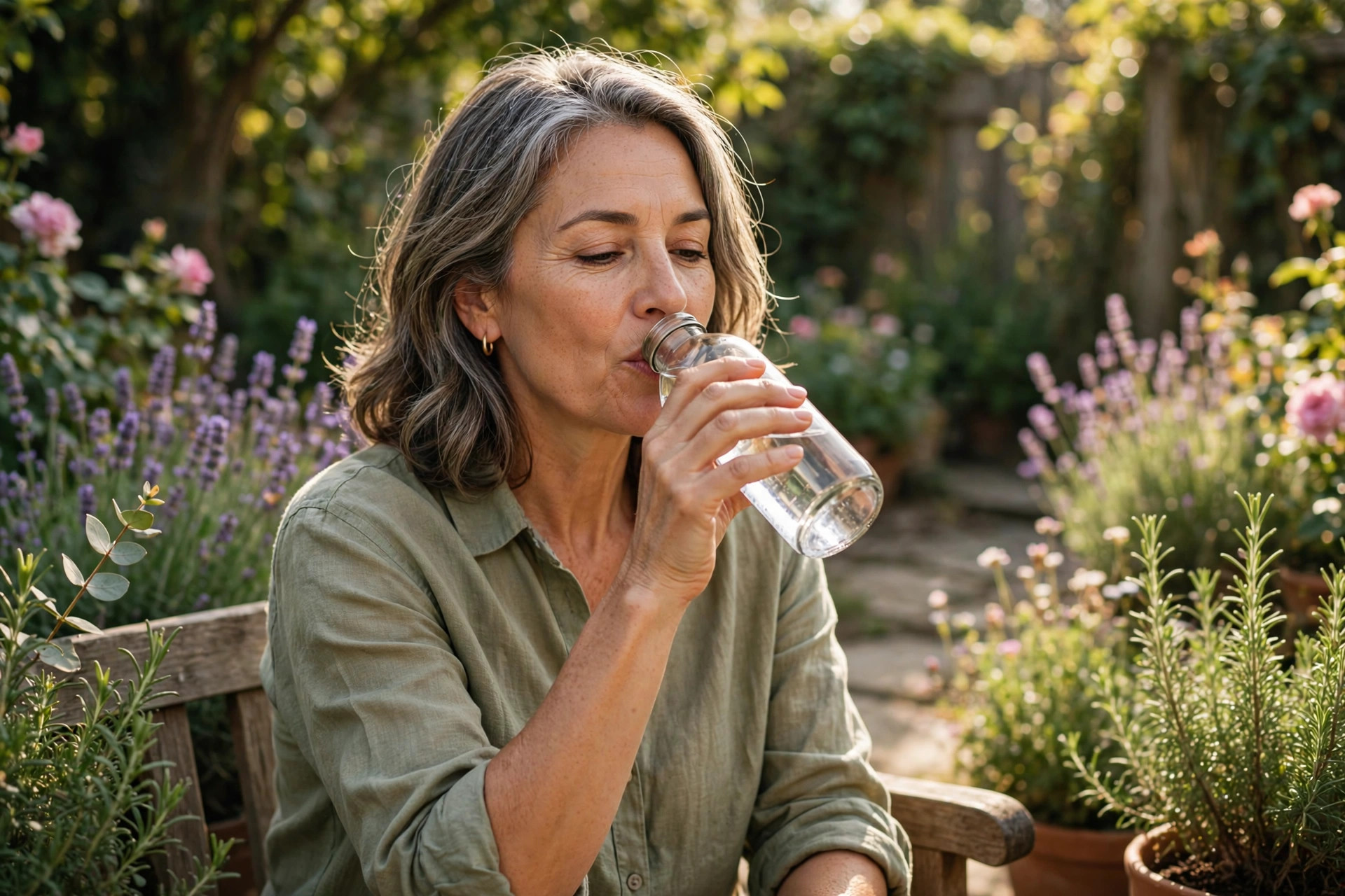 Woman in her 50s drinking water during a garden break