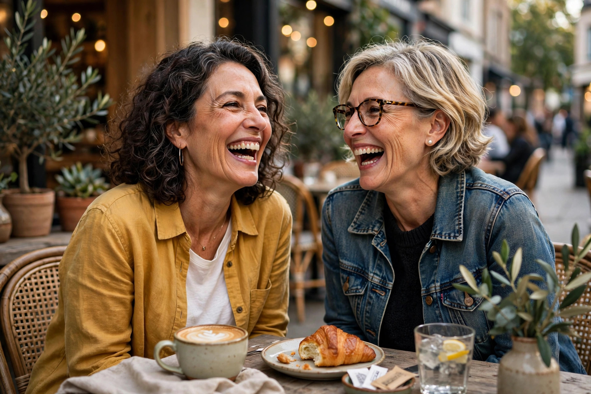 Two women in their 50s laughing hard at a cafe