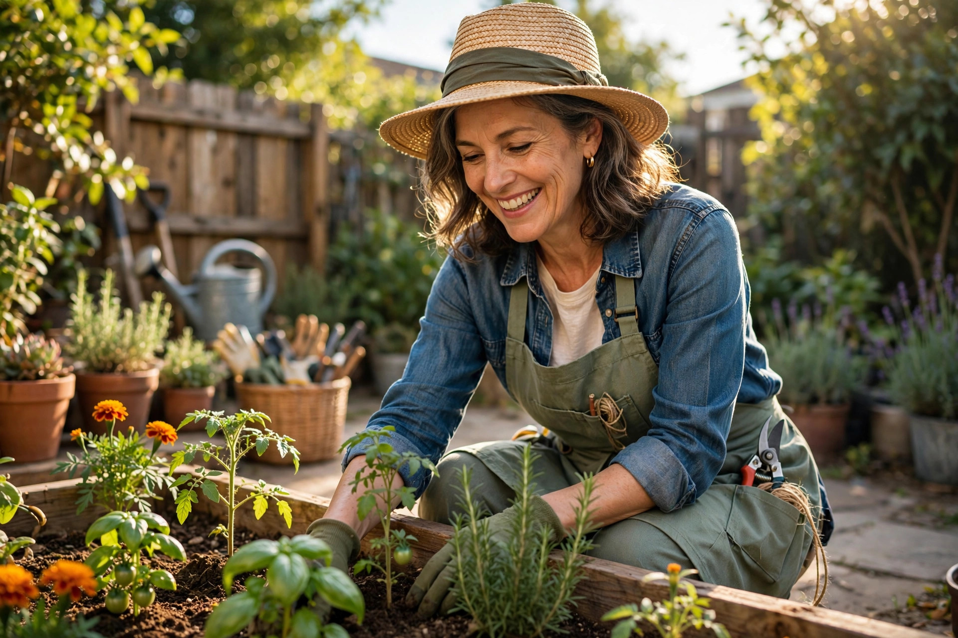 Woman in her 50s gardening happily in a sunny backyard
